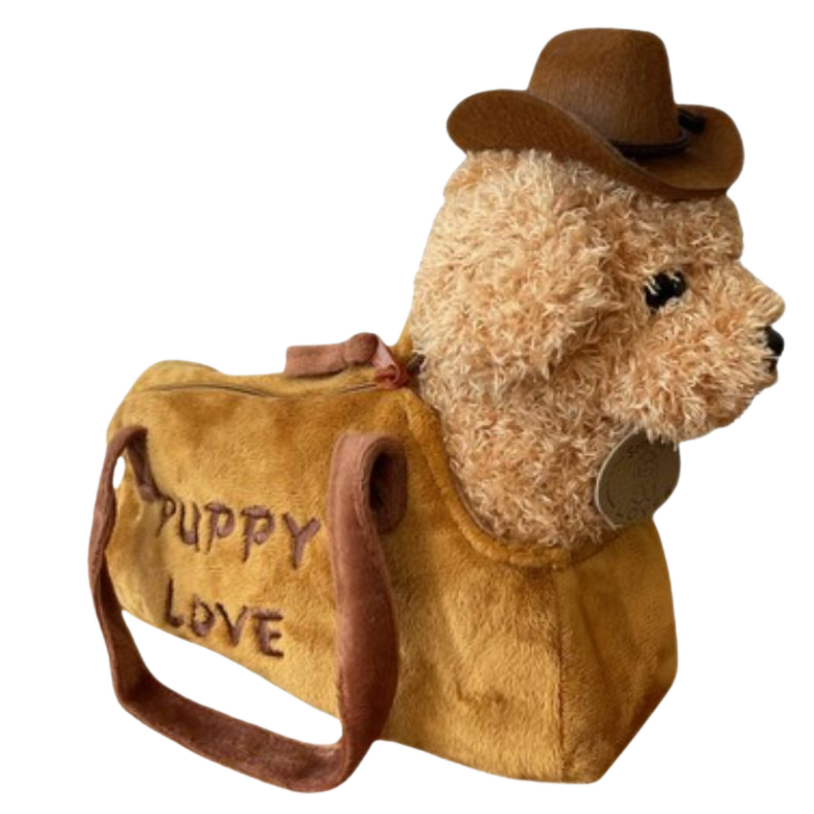 Light Western Puppy Purse. Teddy bear with a cowboy hat carrying a 'Puppy Love' bag on a white background