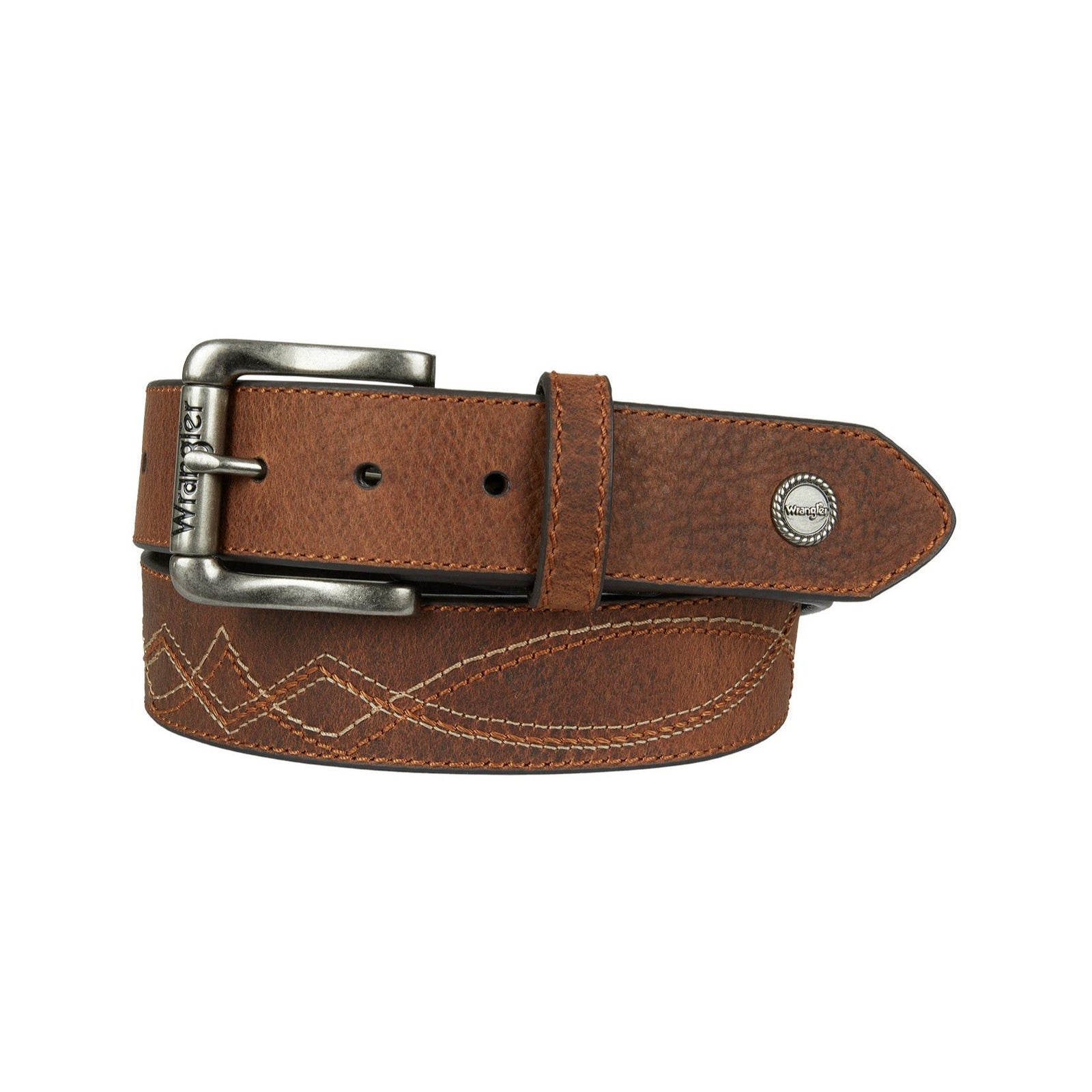 A tan-colored Wrangler western men's belt with contrast stitch design and iconic logo buckle.