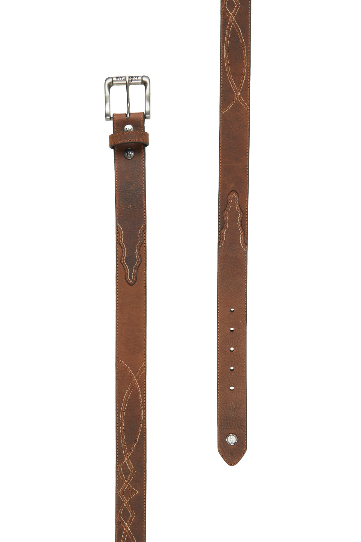 A tan-colored Wrangler western men's belt with contrast stitch design and iconic logo buckle.