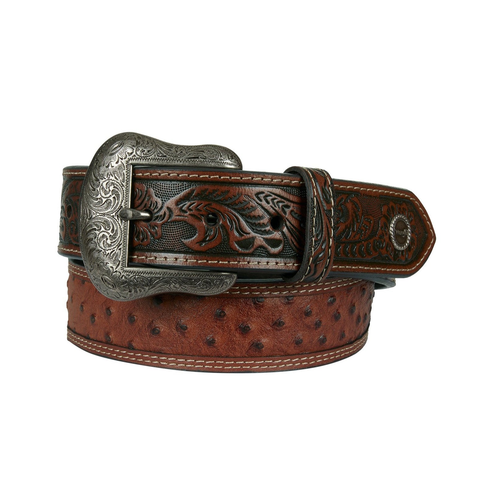 A brown leather Wrangler western belt with ostrich emboss design and antique silver hardware, featuring a Wrangler logo concho.