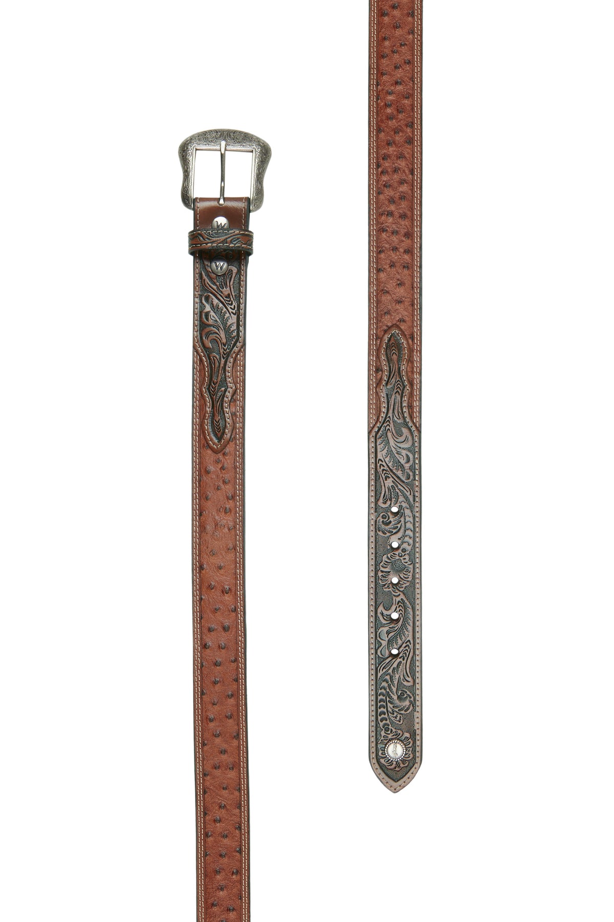 A brown leather Wrangler western belt with ostrich emboss design and antique silver hardware, featuring a Wrangler logo concho.