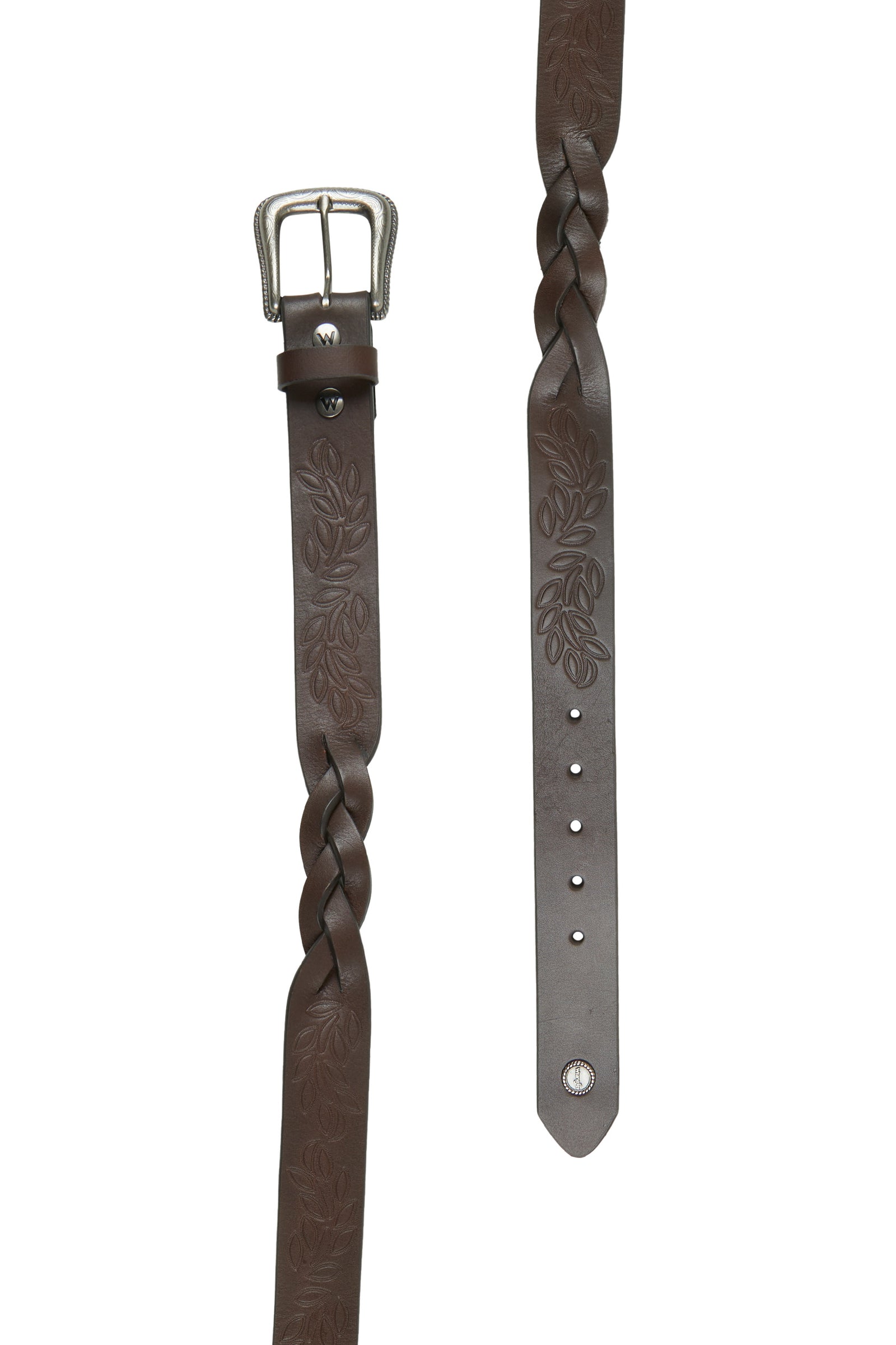 A tooled leather Wrangler western belt with tooling, featuring a Wrangler logo concho and antique silver hardware.