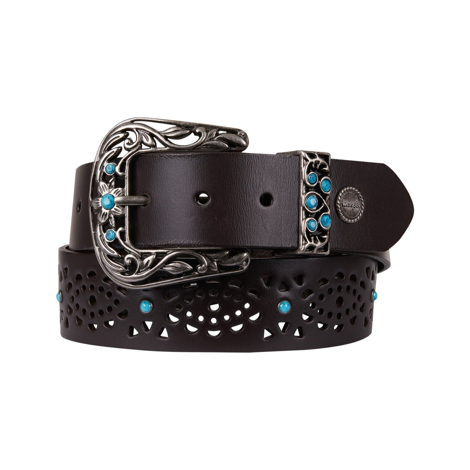 A women's Wrangler Bonnie Western belt featuring a cutout strap with turquoise studs, finished with a logo concho and antique silver hardware, on a white background.