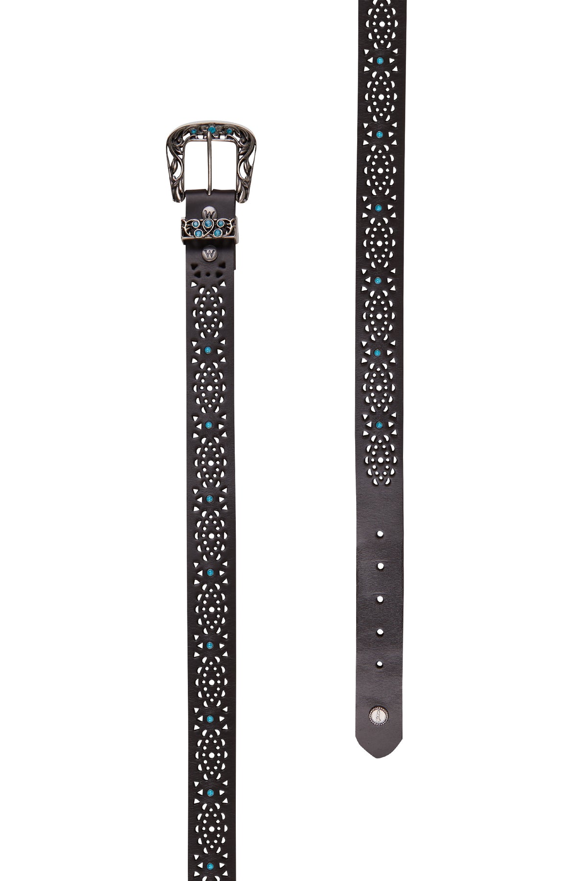 A women's Wrangler Bonnie Western belt featuring a cutout strap with turquoise studs, finished with a logo concho and antique silver hardware, on a white background.