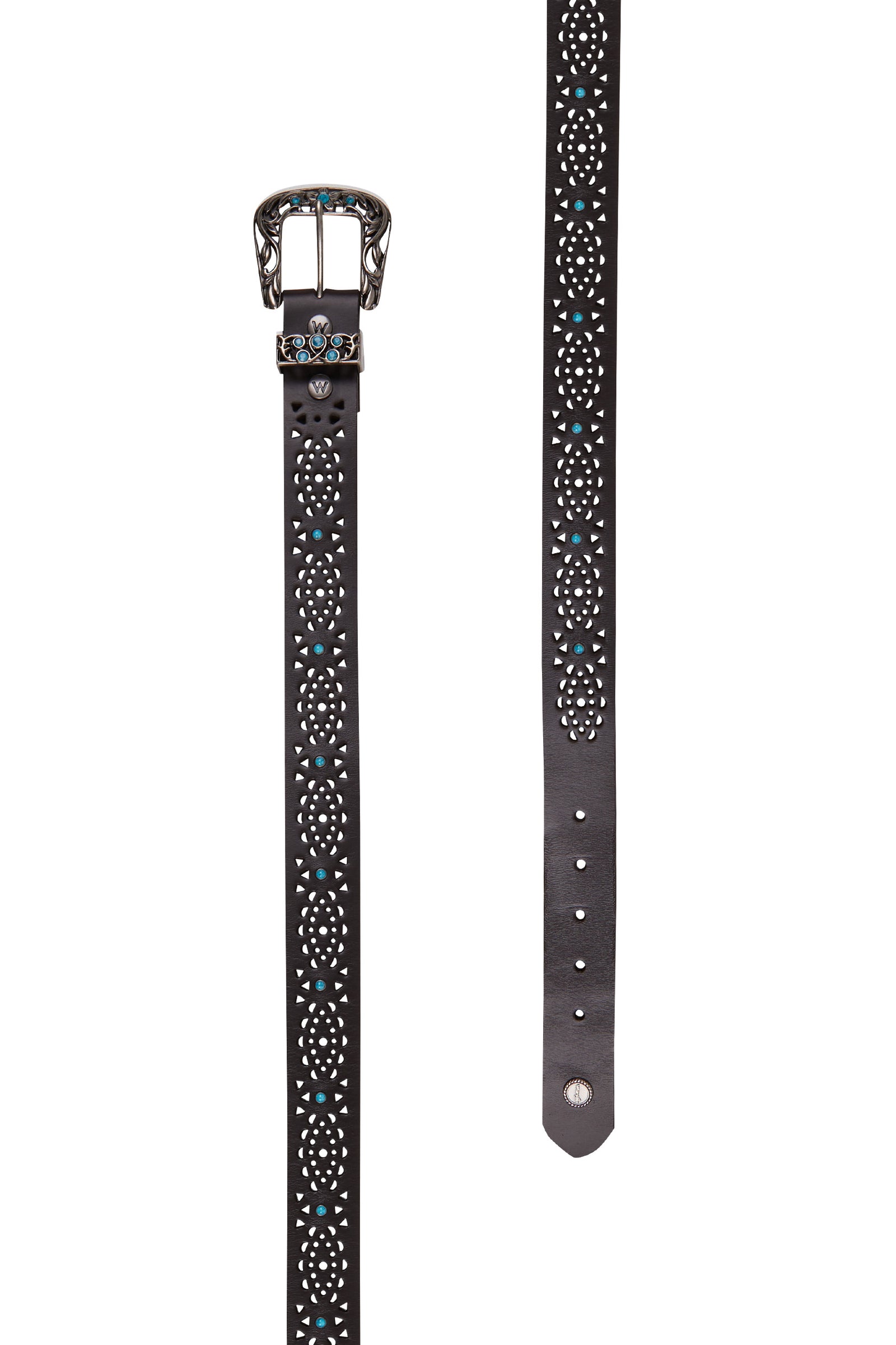 A women's Wrangler Bonnie Western belt featuring a cutout strap with turquoise studs, finished with a logo concho and antique silver hardware, on a white background.
