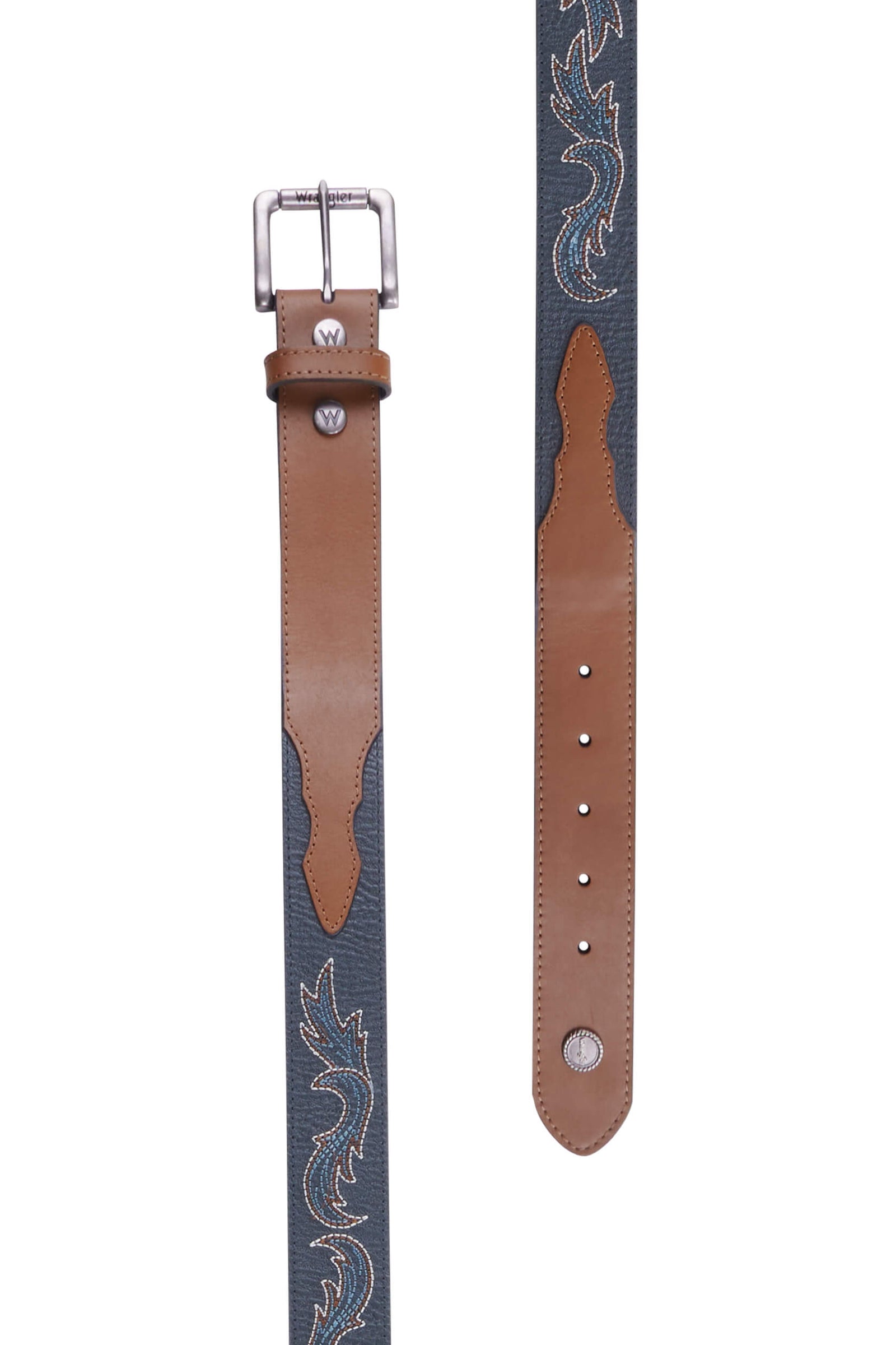 A Wrangler men's belt with a brown leather strap, blue denim fabric, and silver embroidery details, featuring a brown buckle and a concho.