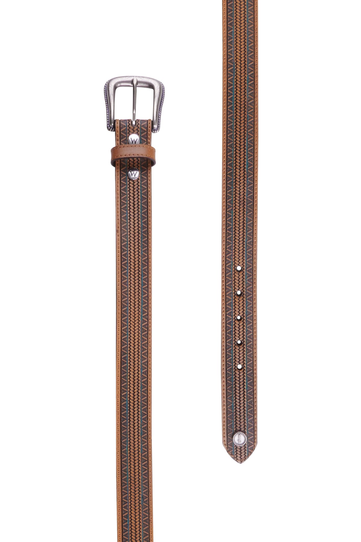 A men's Wrangler Western belt with a tooled Aztec design strap, antique silver hardware, and brown color tone.