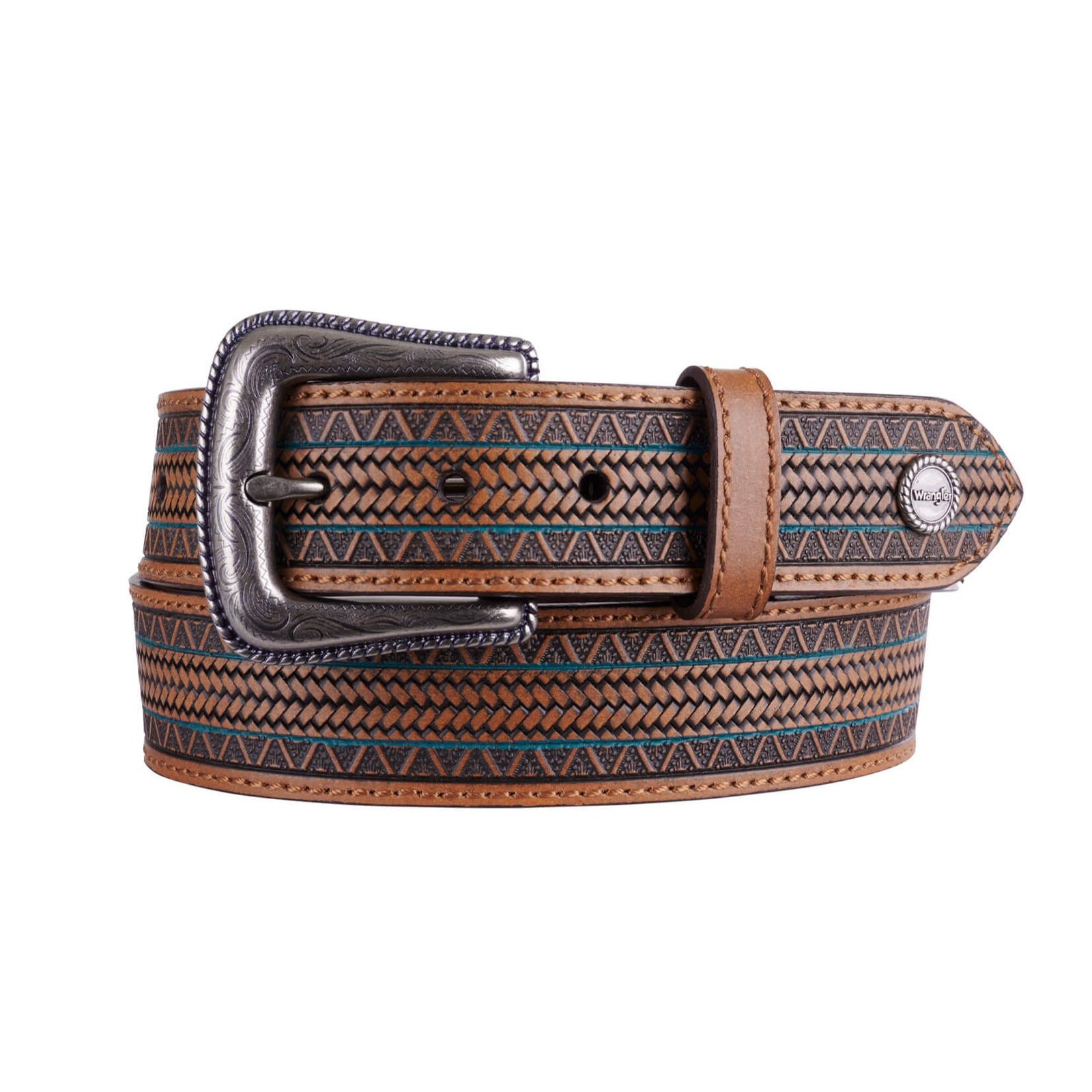 A men's Wrangler Western belt with a tooled Aztec design strap, antique silver hardware, and brown color tone.