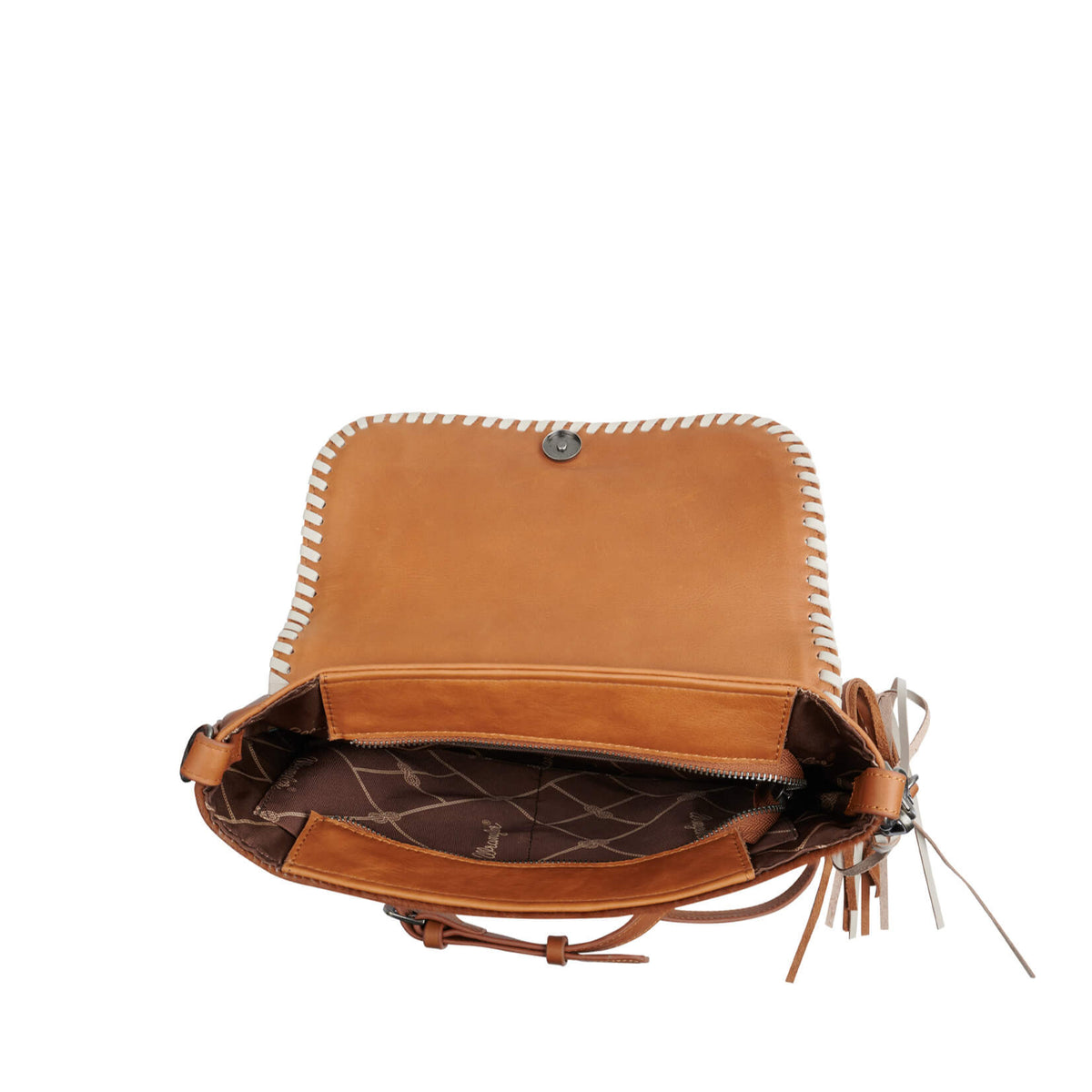 A brown Wrangler women's handbag with a geometric pattern on the foldover and a leather tassel, featuring a shoulder strap and metal badge.