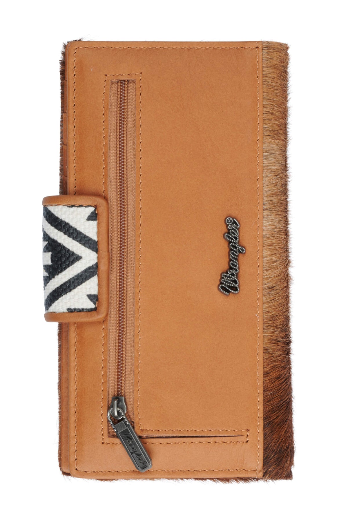 A brown bifold Wrangler Women's Ellery Western Wallet with a hair-on cowhide front panel and an Aztec printed canvas tab closure.