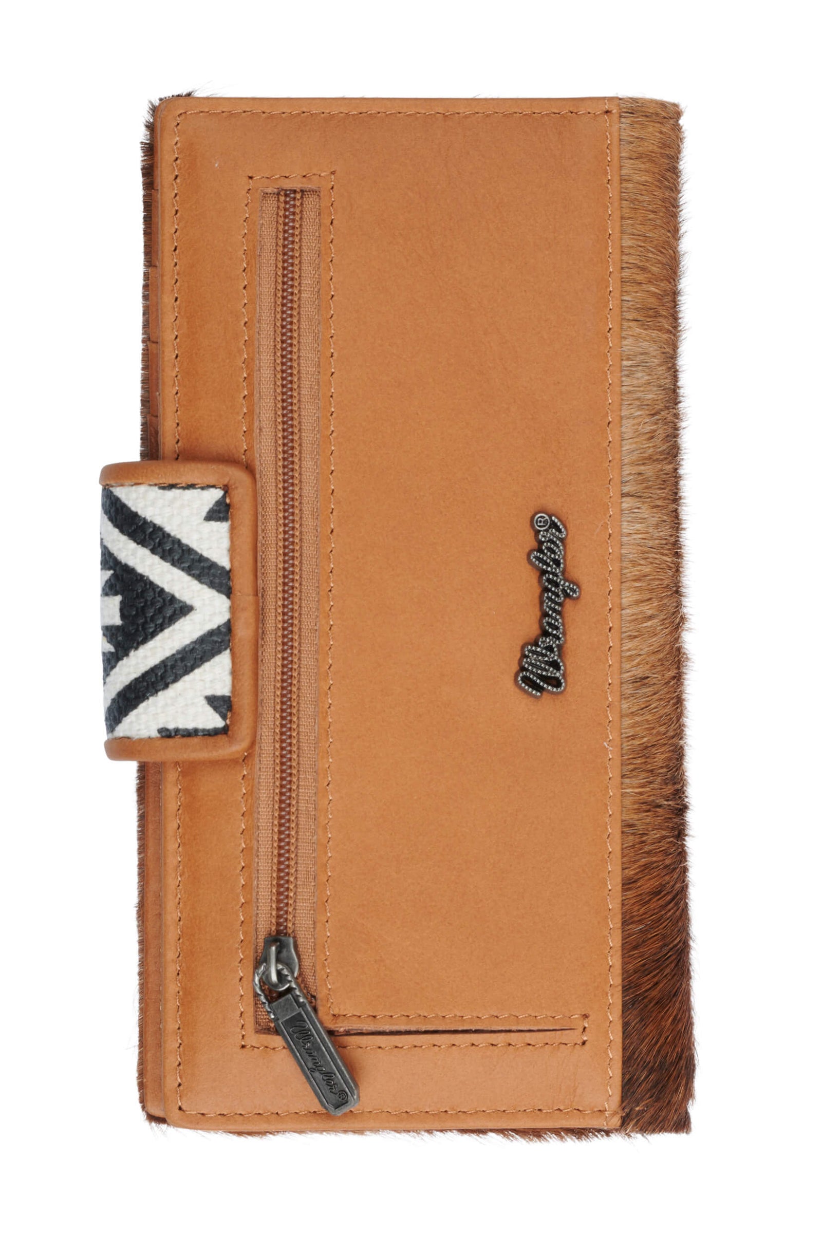 A brown bifold Wrangler Women's Ellery Western Wallet with a hair-on cowhide front panel and an Aztec printed canvas tab closure.