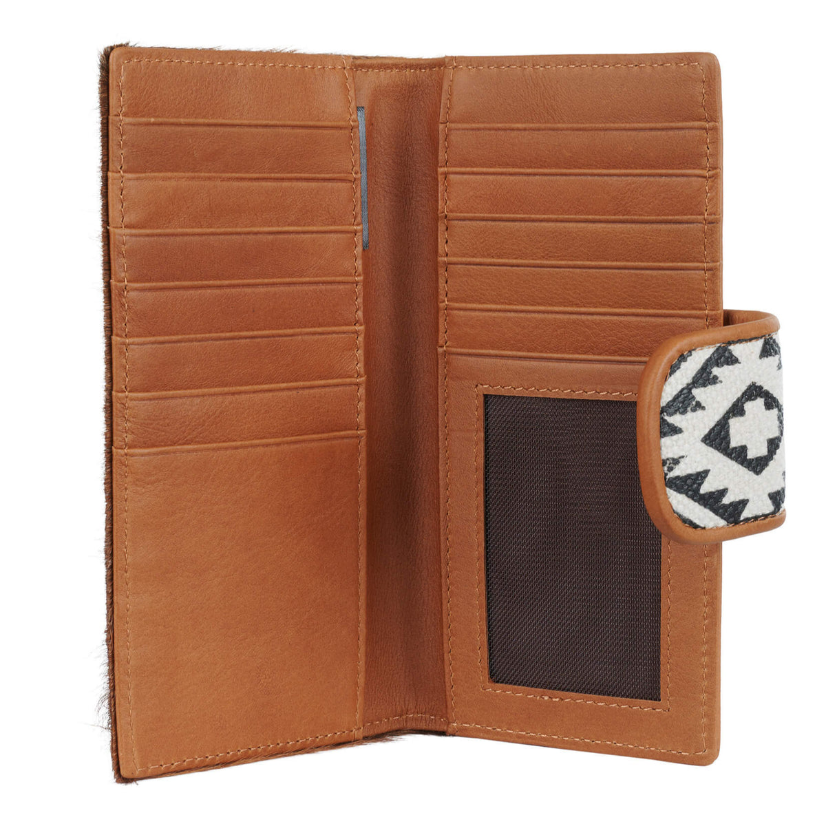 A brown bifold Wrangler Women's Ellery Western Wallet with a hair-on cowhide front panel and an Aztec printed canvas tab closure.