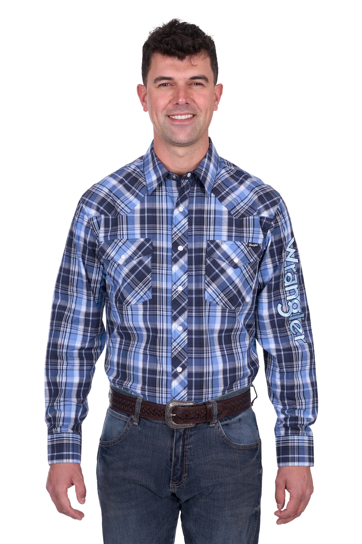 Wrangler Men&#39;s Billy Logo L/S Western Shirt. Man wearing a blue plaid shirt with &#39;Wrangler&#39; branding on a white background