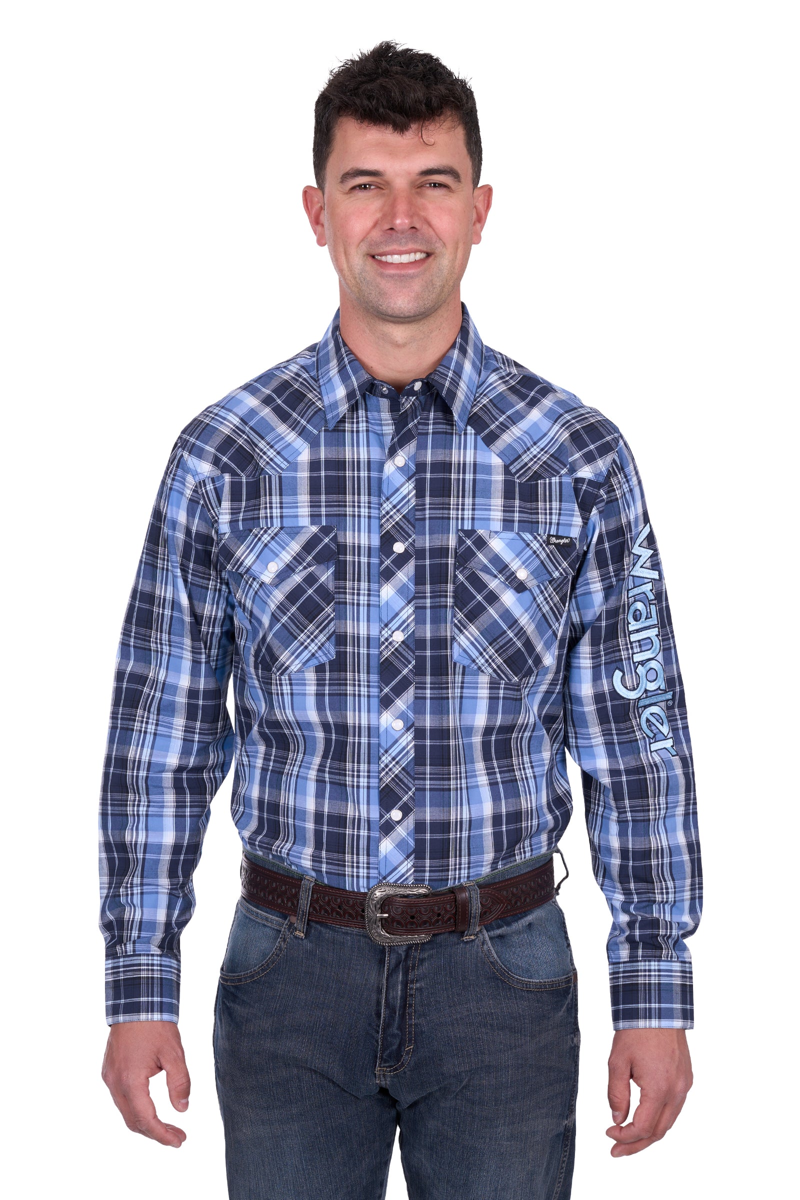 Wrangler Men's Billy Logo L/S Western Shirt. Man wearing a blue plaid shirt with 'Wrangler' branding on a white background