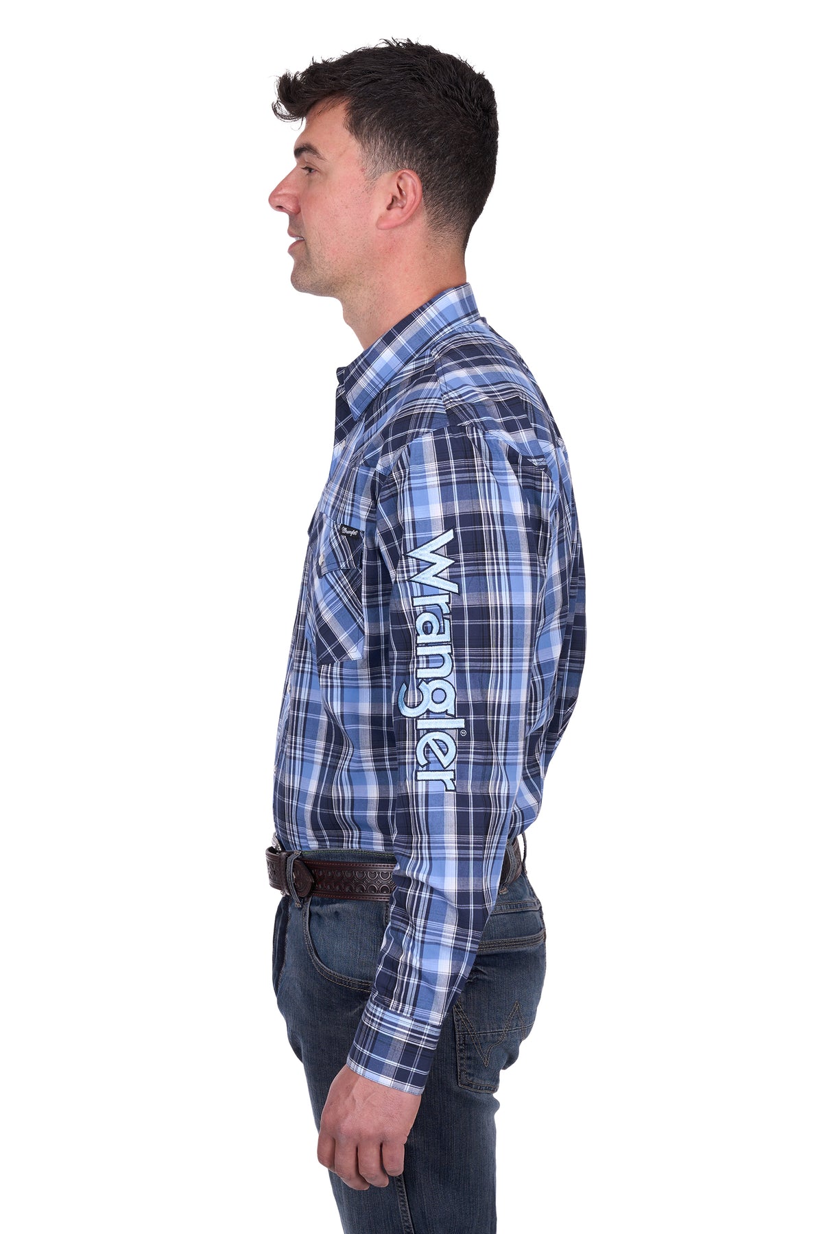 Wrangler Men's Billy Logo L/S Western Shirt. Man wearing a blue plaid Wrangler shirt on a white background