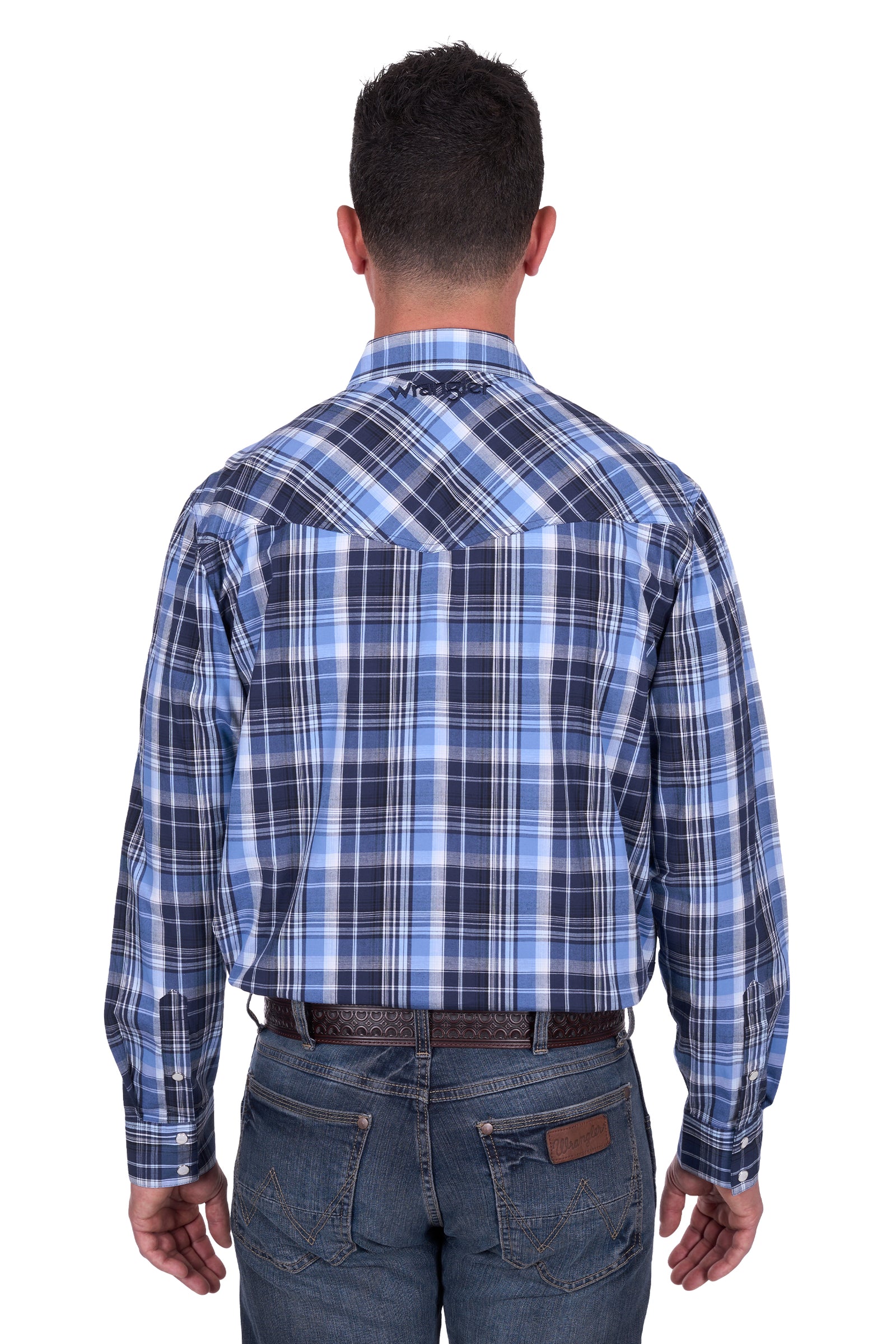 Wrangler Men's Billy Logo L/S Western Shirt. Man wearing a blue plaid shirt and jeans on a white background