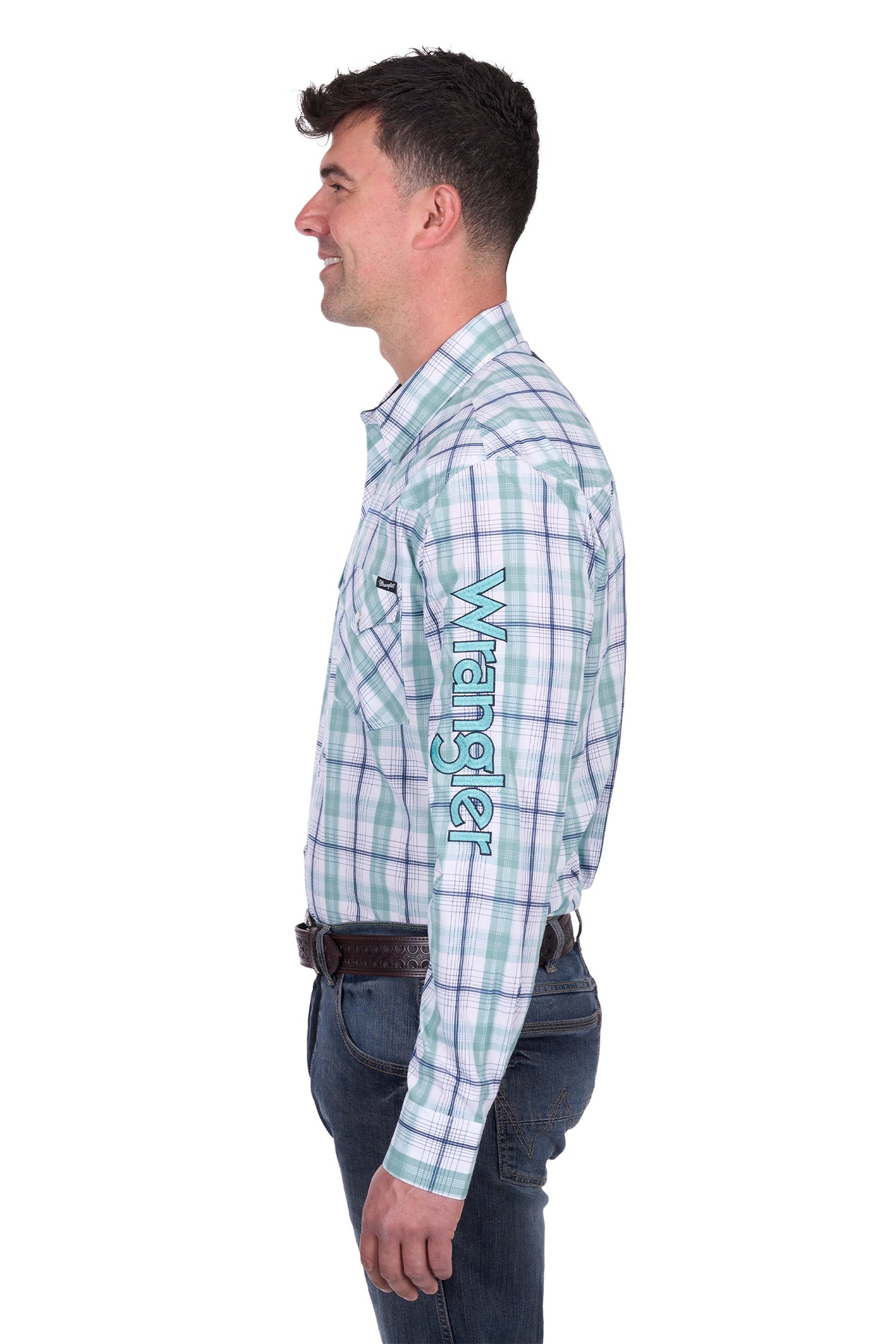 Wrangler Men's Jacob Logo L/S Western Shirt. Man wearing a plaid Wrangler shirt on a white background