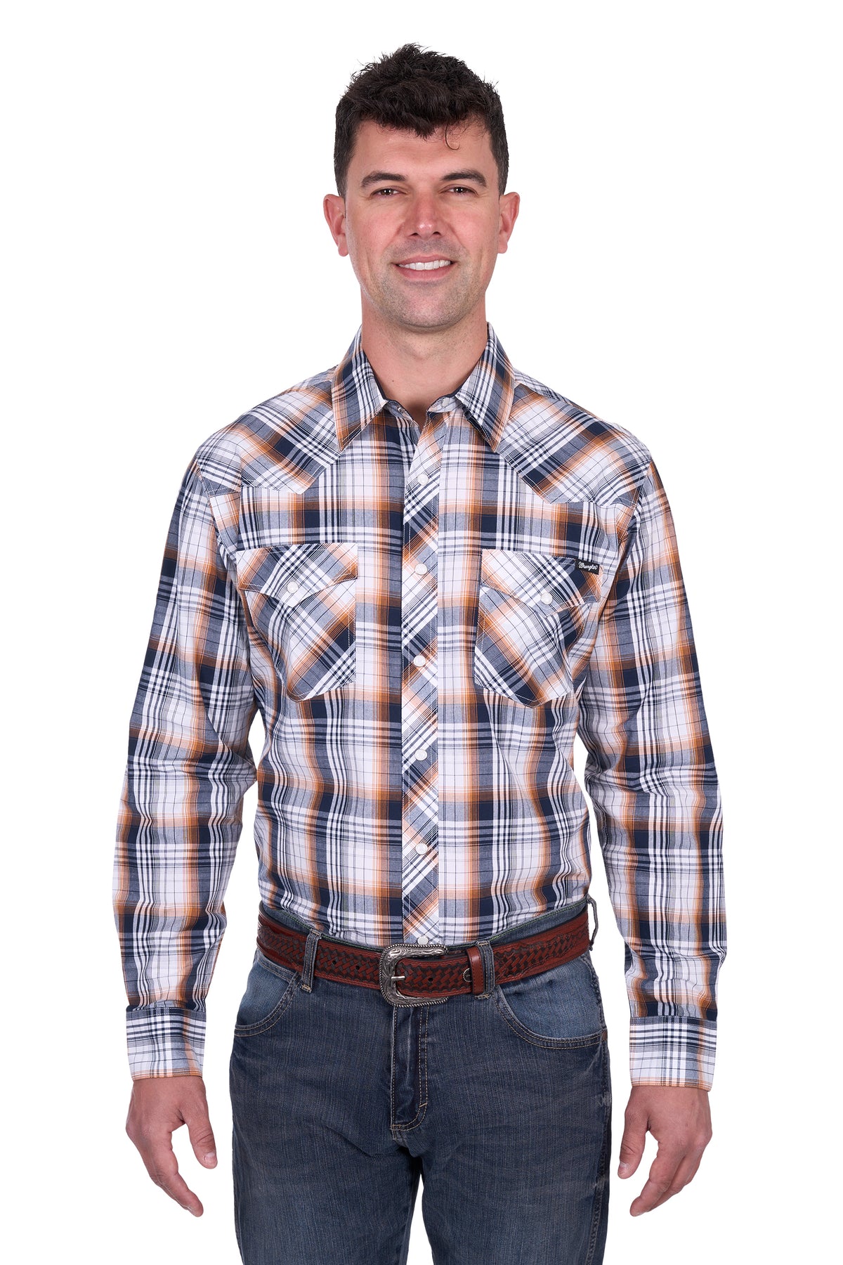 Wrangler Men&#39;s Toby L/S Western Shirt. Man wearing a plaid shirt and jeans on a white background
