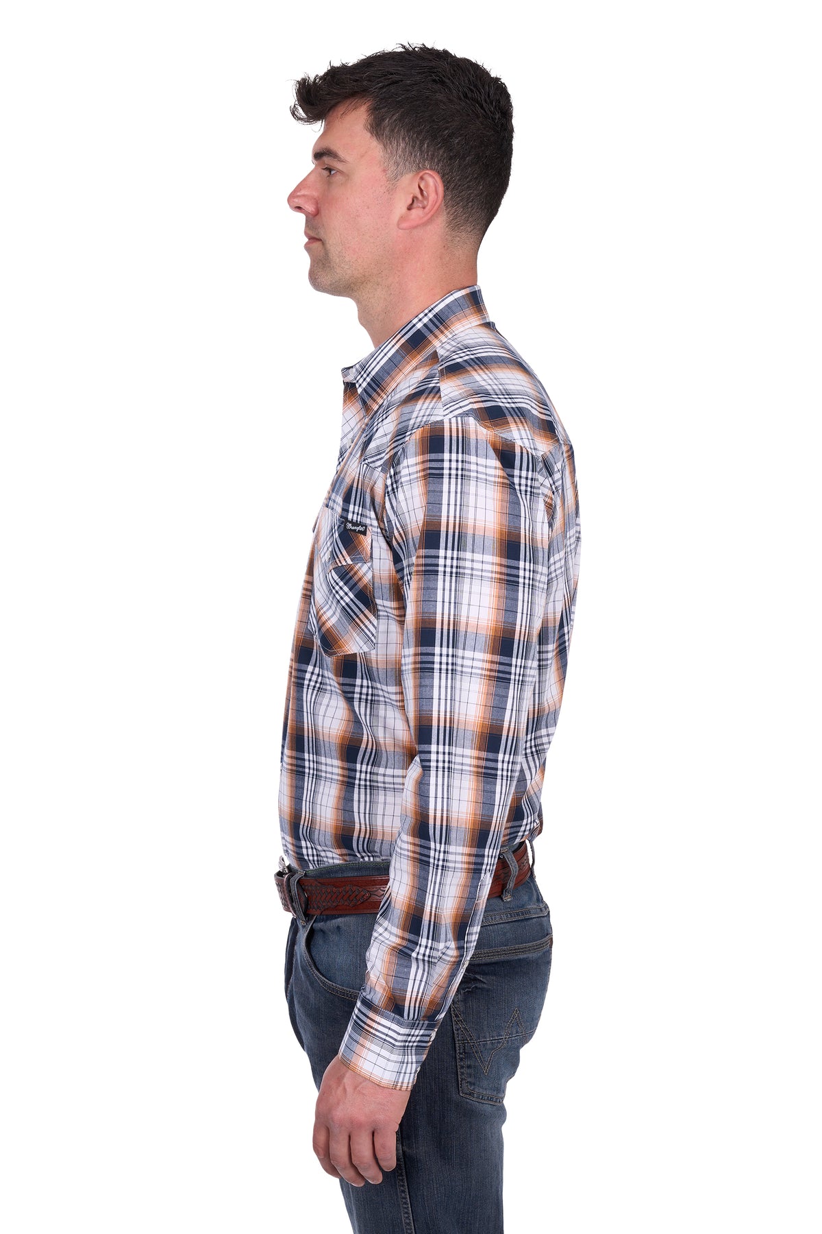 Wrangler Men's Toby L/S Western Shirt. Man wearing a plaid shirt and jeans on a white background