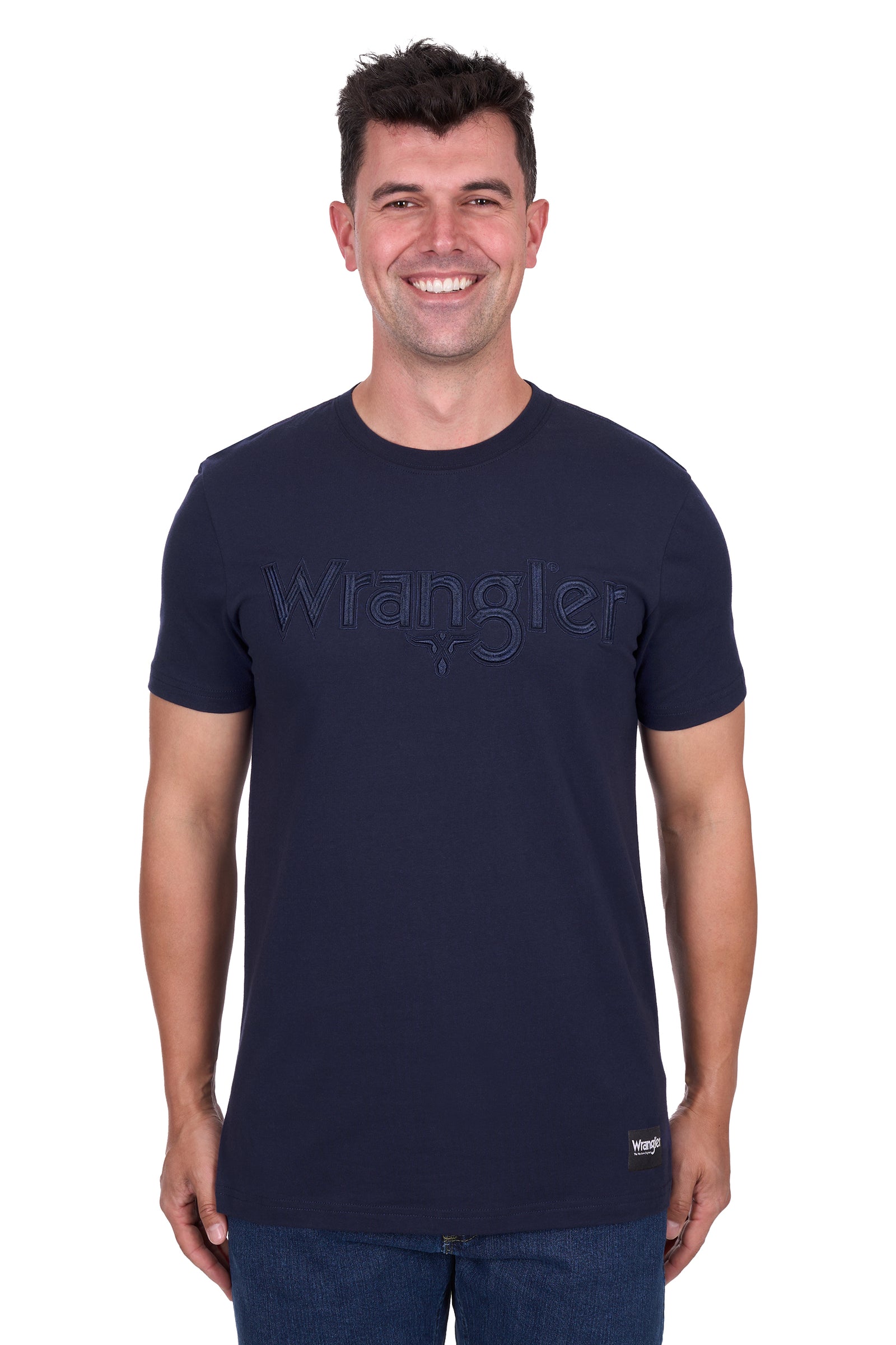 Wrangler Men's Chase S/S T-Shirt. Man wearing a navy Wrangler t-shirt on a white background