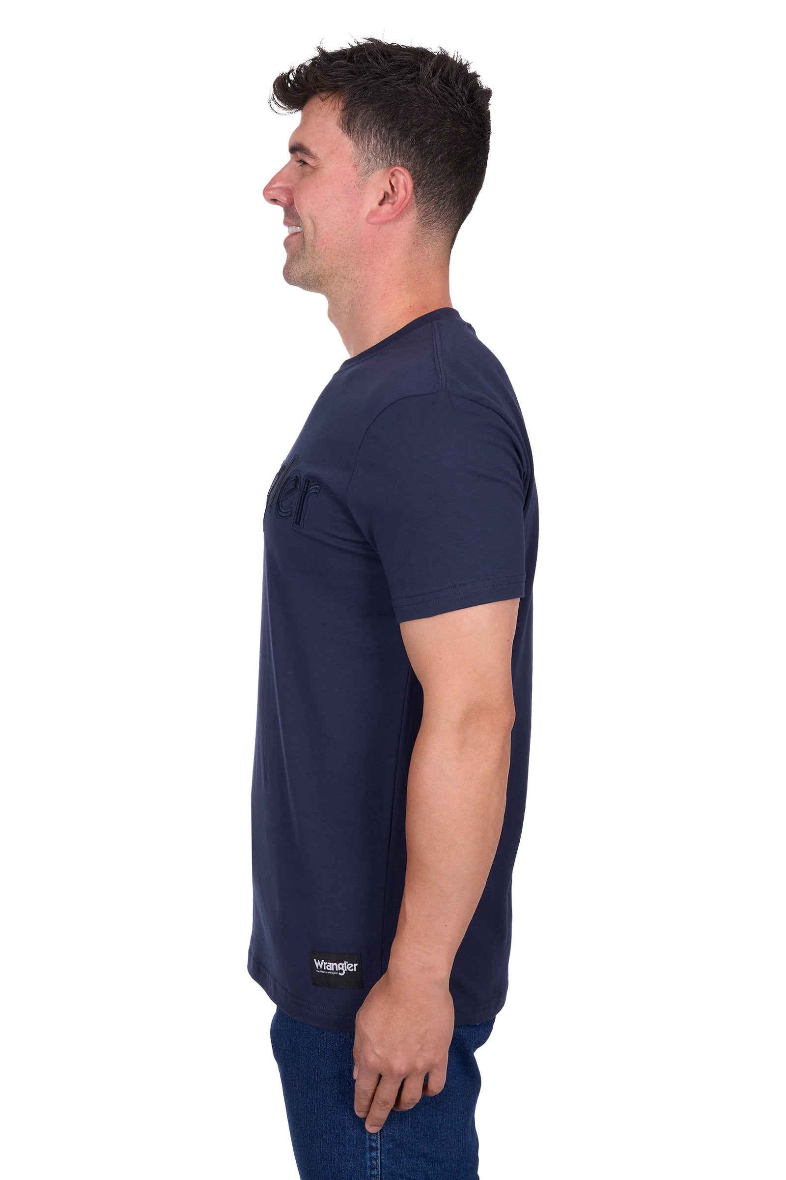 Wrangler Men's Chase S/S T-Shirt. Man wearing a navy Wrangler t-shirt on a white background