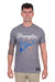 Wrangler Men's Darren S/S T-Shirt. Man wearing a gray 'Wrangler' t-shirt with a blue bull graphic on a white background