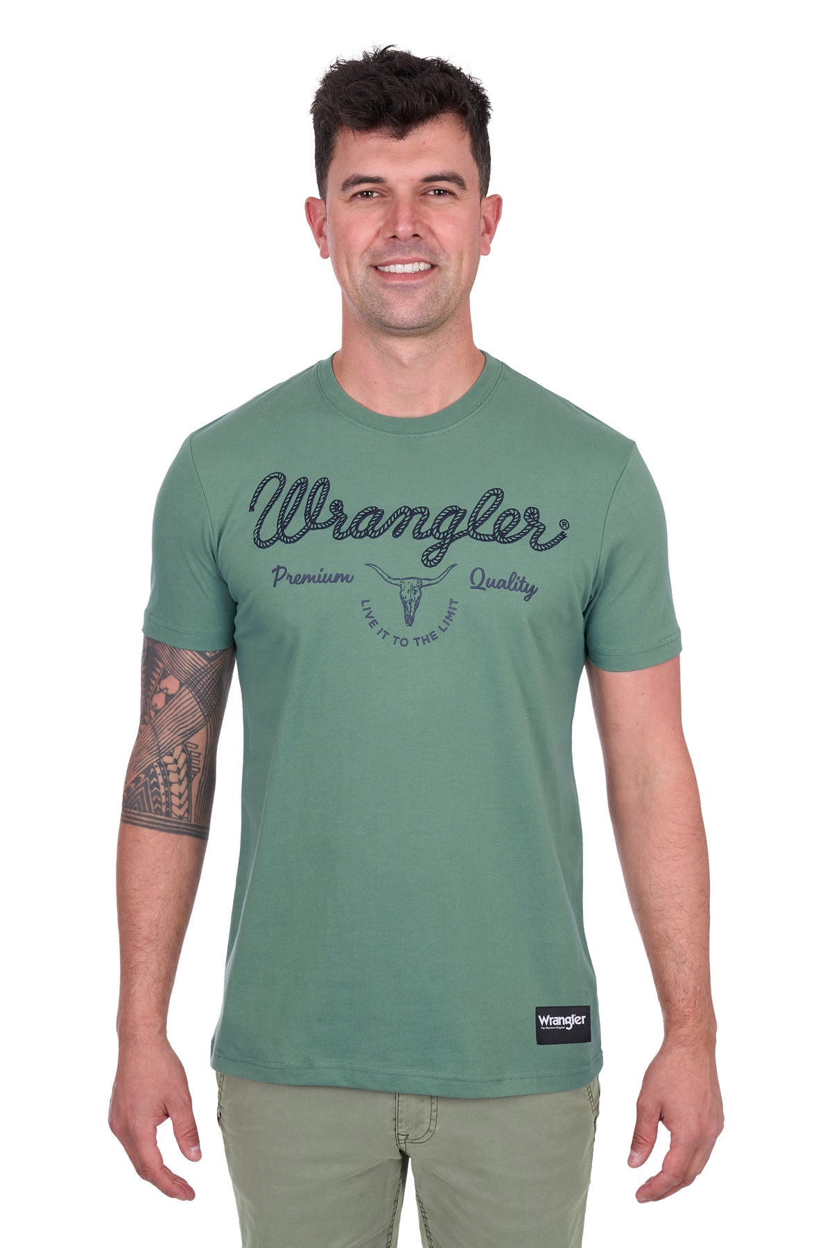 Wrangler Men's Arthur S/S T-Shirt. Man wearing a green Wrangler t-shirt on a white background