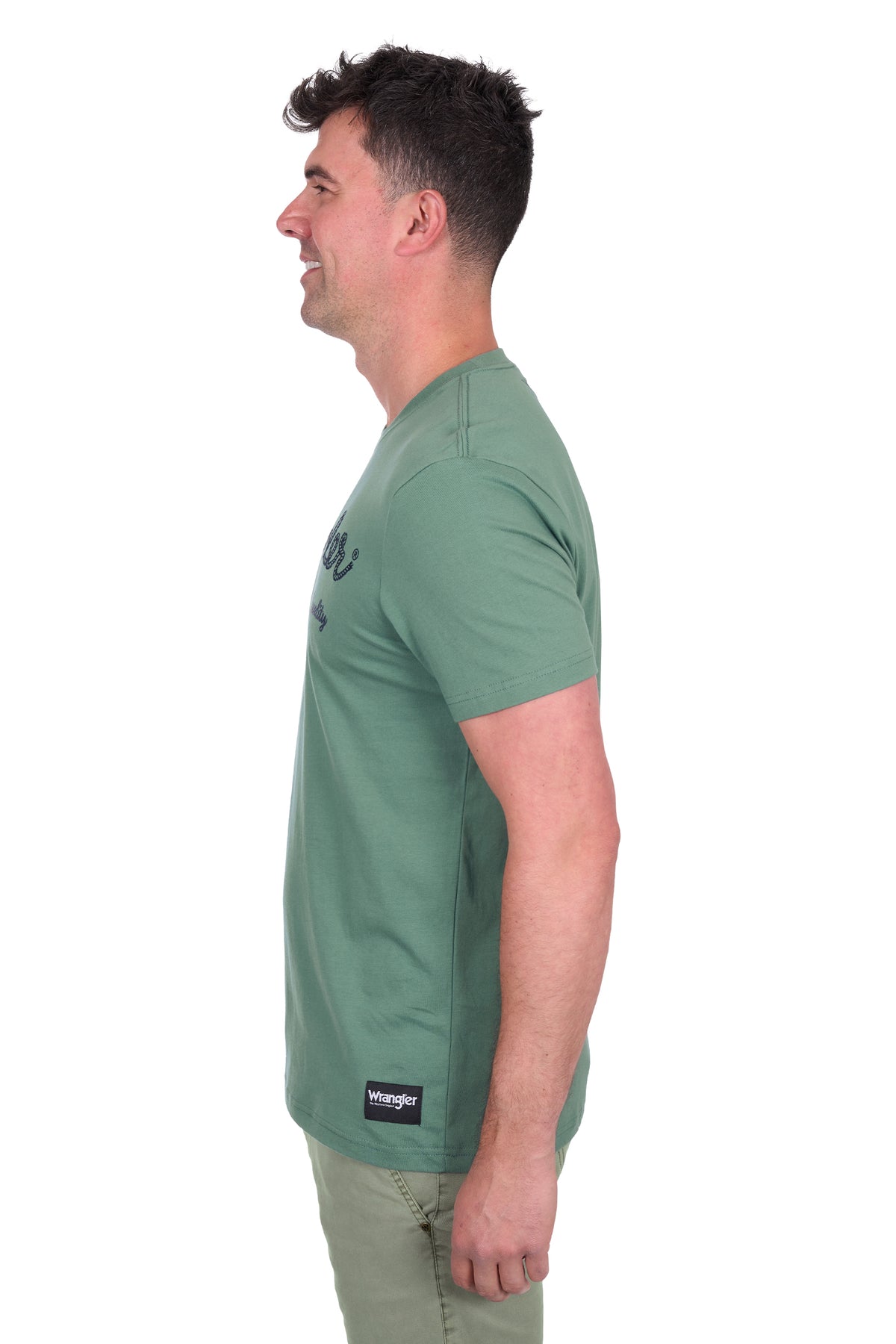 Wrangler Men's Arthur S/S T-Shirt. Man wearing a green t-shirt with a logo on a white background