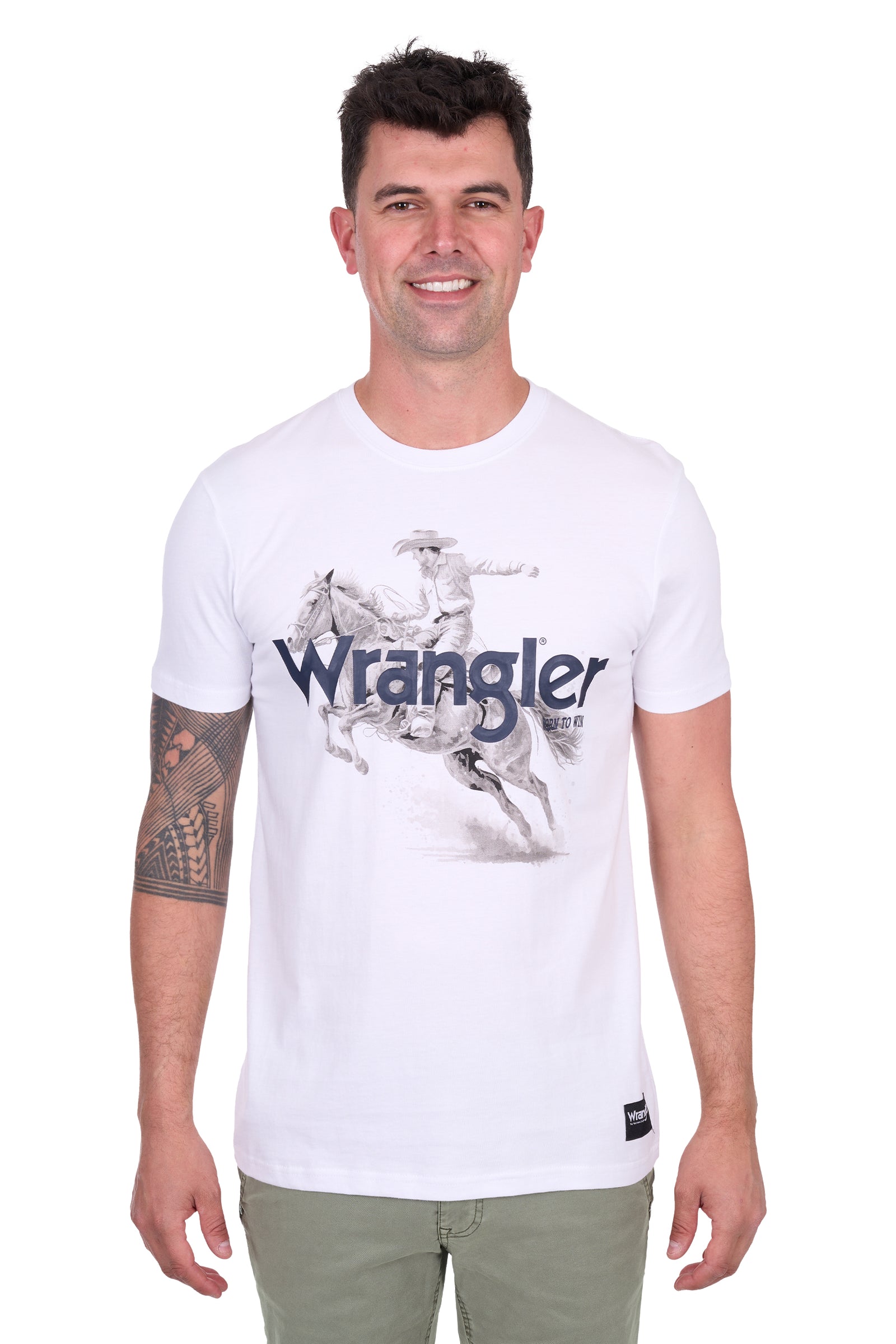Wrangler Men's Lance S/S T-Shirt. Man wearing a white Wrangler t-shirt with a graphic design on a white background