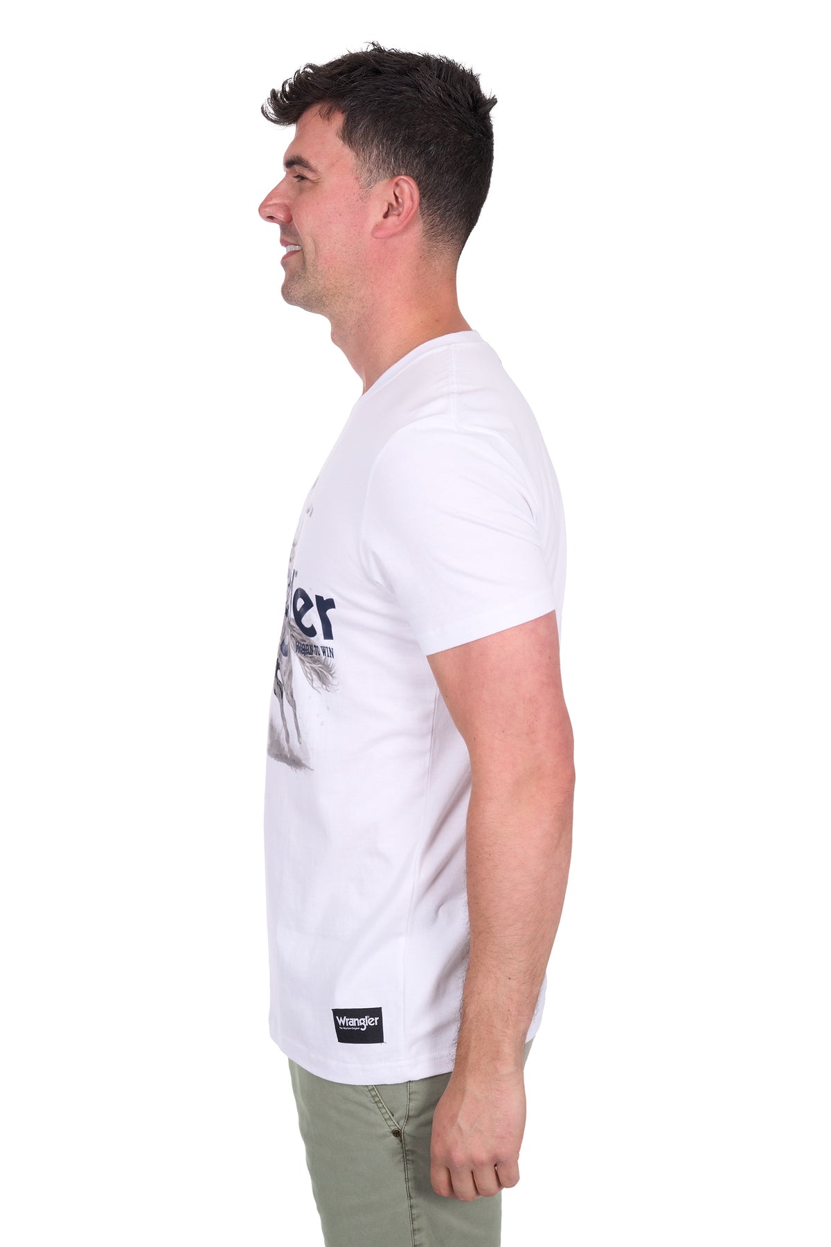 Wrangler Men's Lance S/S T-Shirt. Man wearing a white t-shirt with text and a logo on a white background