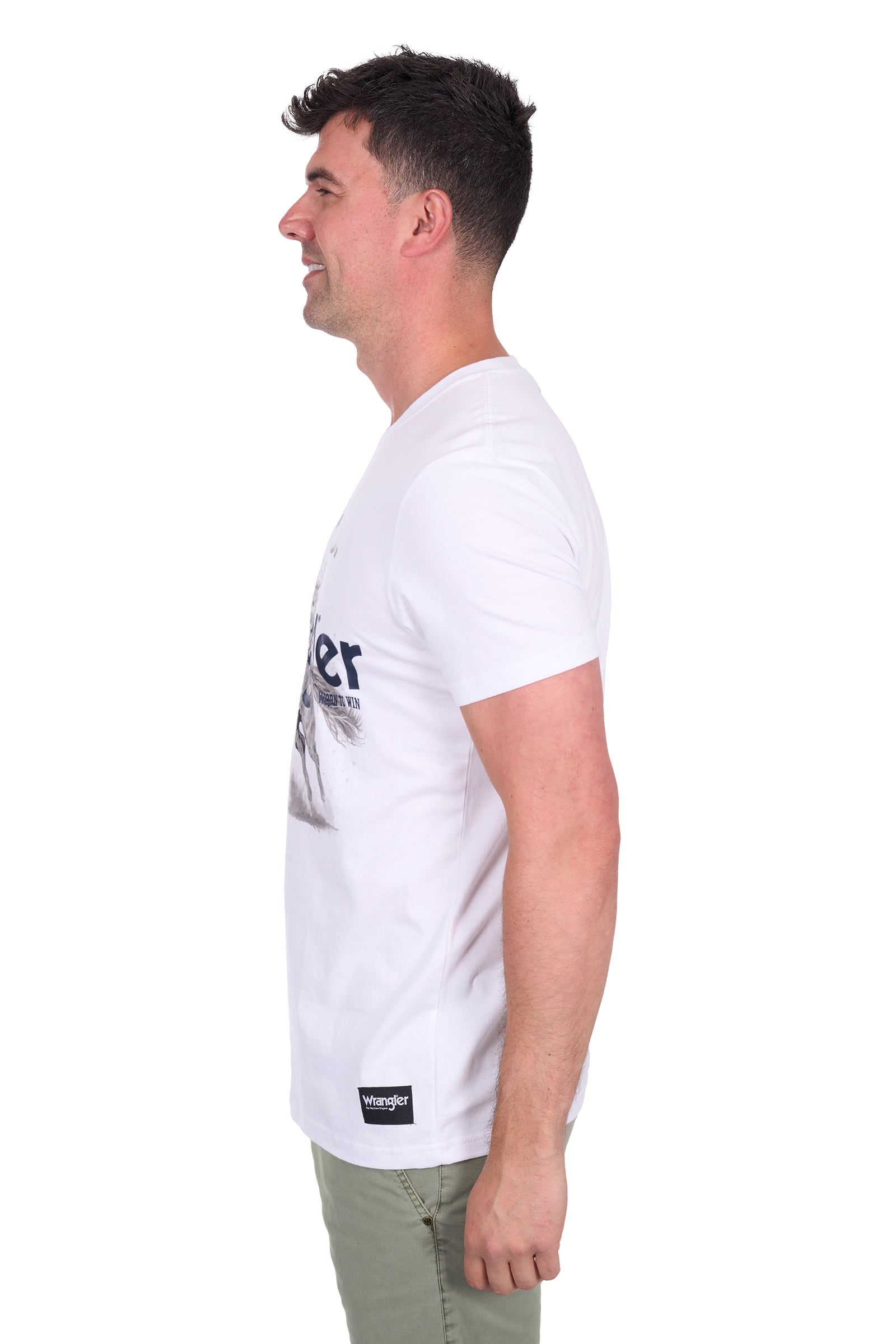 Wrangler Men's Lance S/S T-Shirt. Man wearing a white t-shirt with text and a logo on a white background