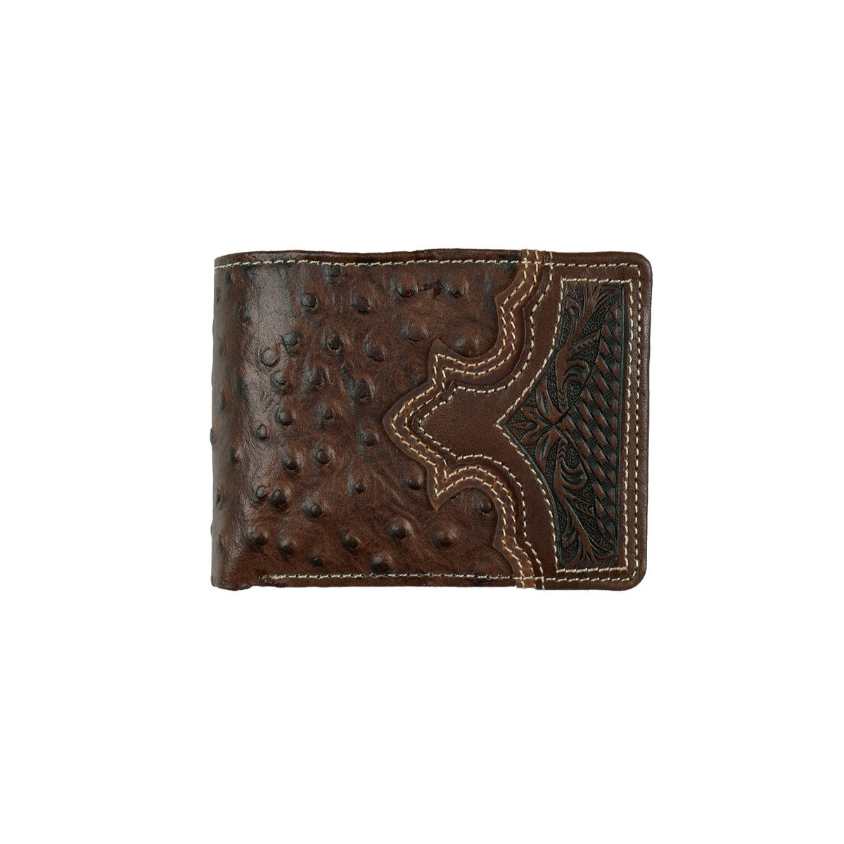 Wrangler Men&#39;s Nash Bi-Fold Wallet. Brown leather wallet with embossed design on a white background