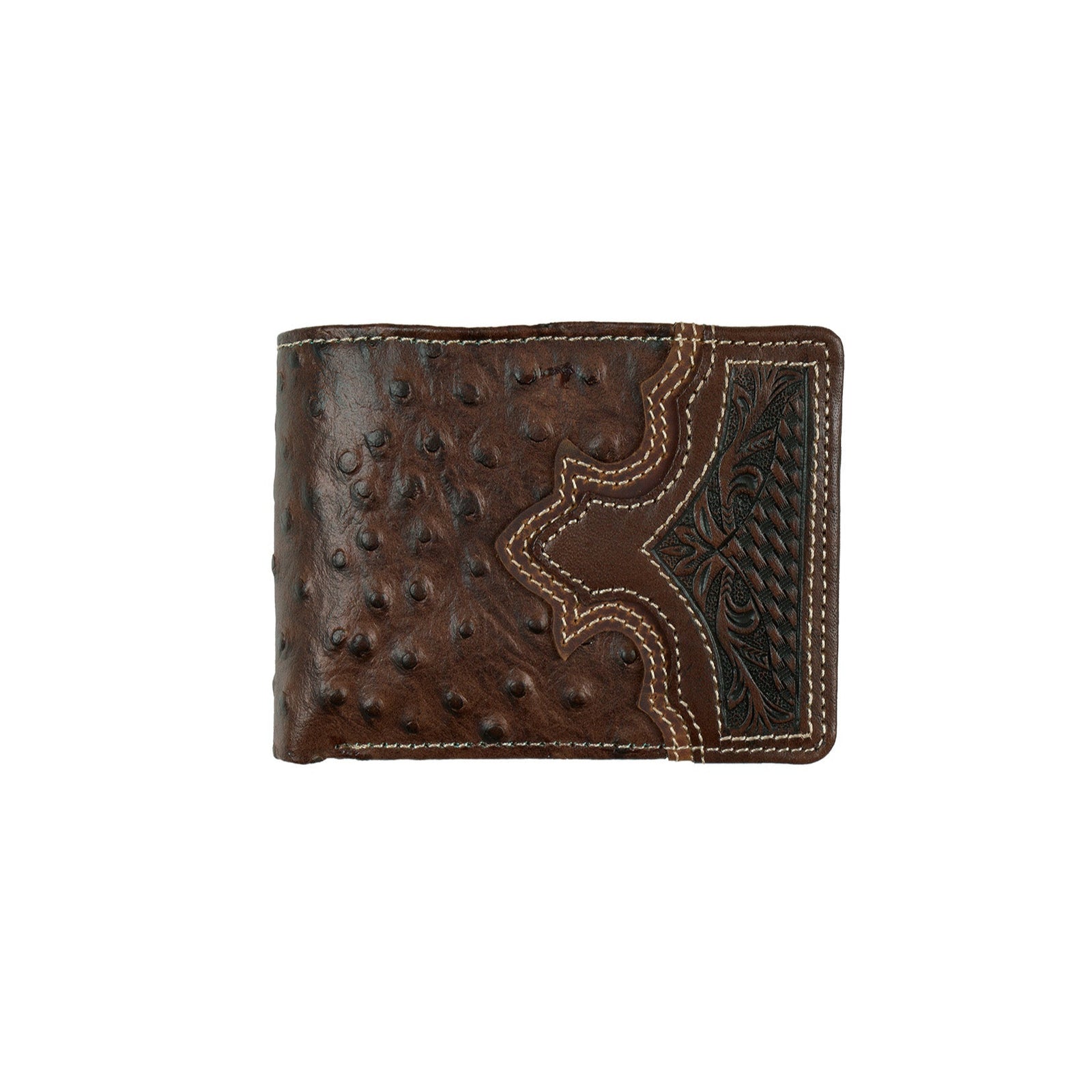 Wrangler Men's Nash Bi-Fold Wallet. Brown leather wallet with embossed design on a white background