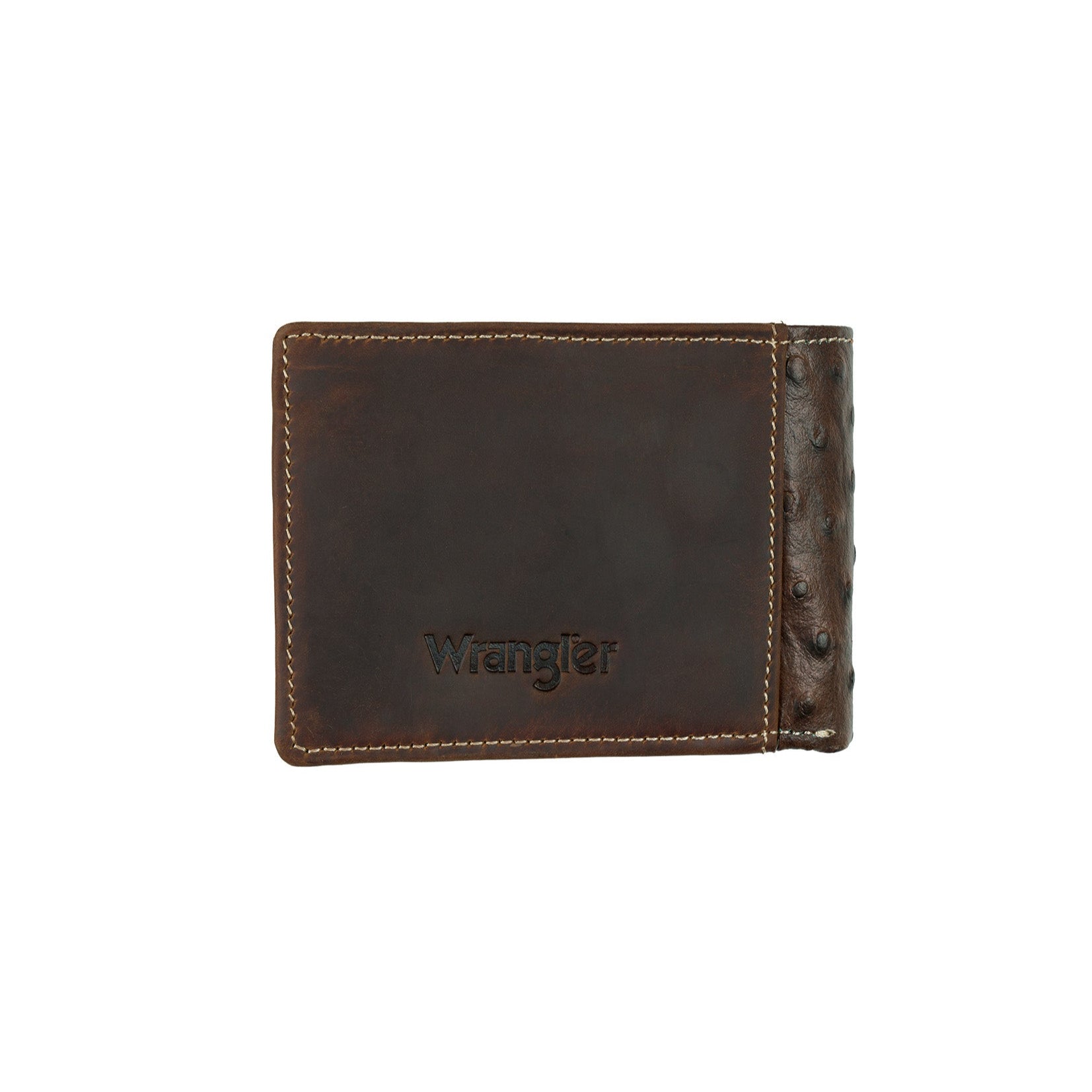 Wrangler Men's Nash Bi-Fold Wallet. Brown leather wallet with 'Wrangler' branding on a white background