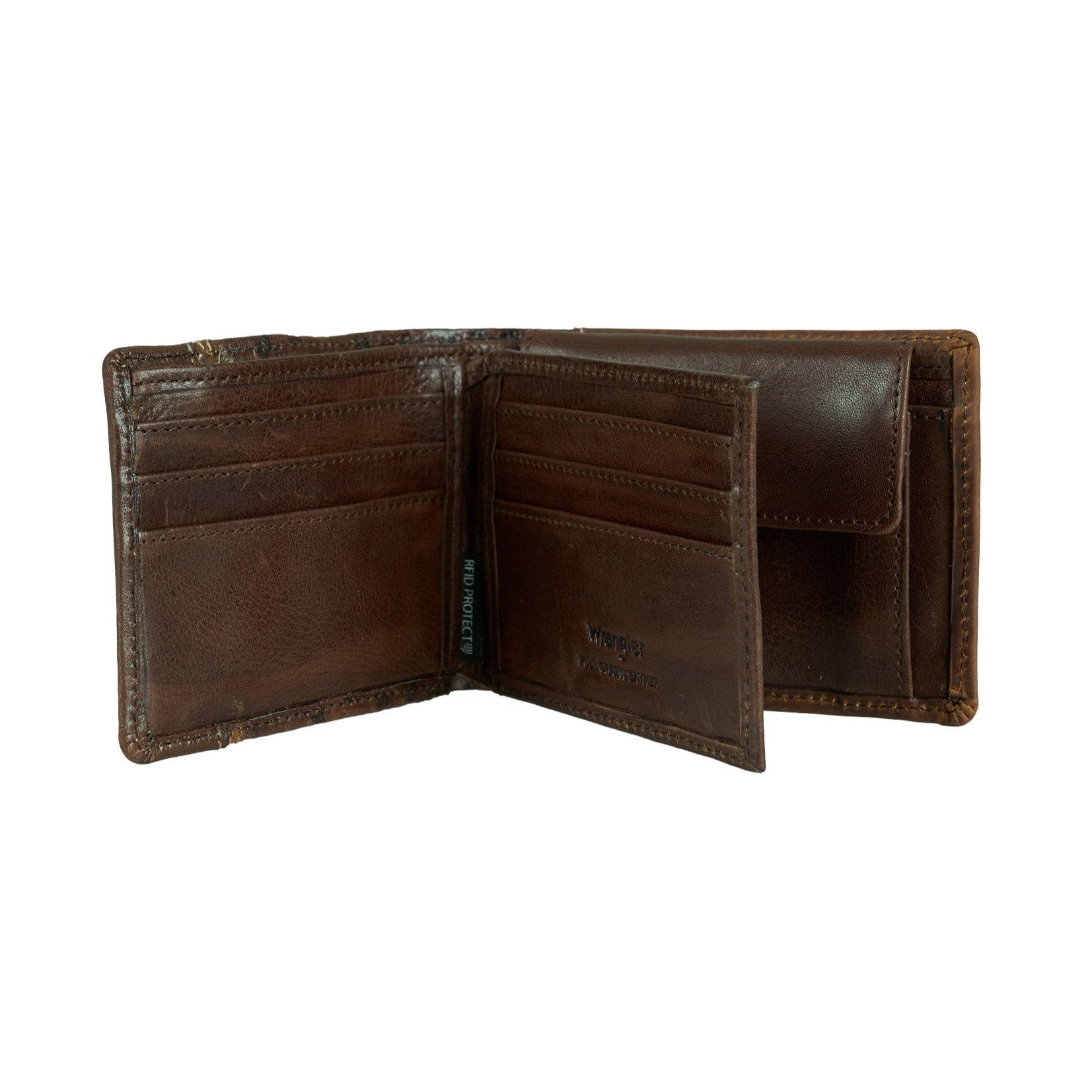 Wrangler Men's Nash Bi-Fold Wallet. Brown leather wallet with embossed design on a white background