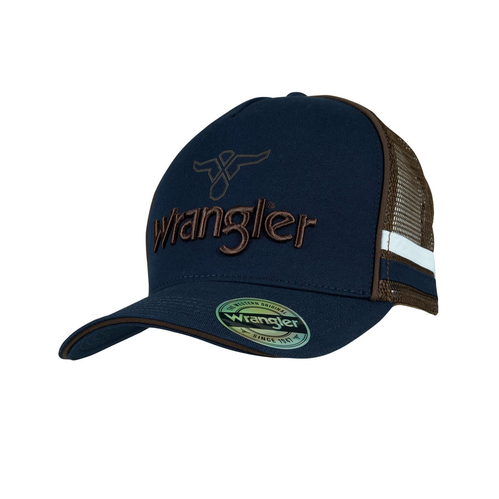Wrangler Men's Joel High Profile Trucker Cap. Navy blue cap with brown mesh back and Wrangler logo on a white background
