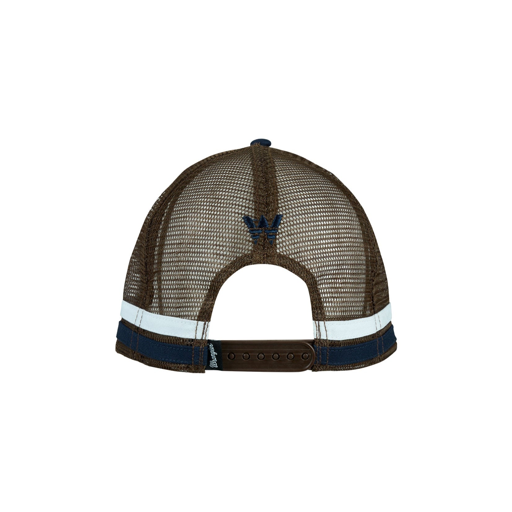 Wrangler Men's Joel High Profile Trucker Cap. Navy blue cap with brown mesh back and Wrangler logo on a white background