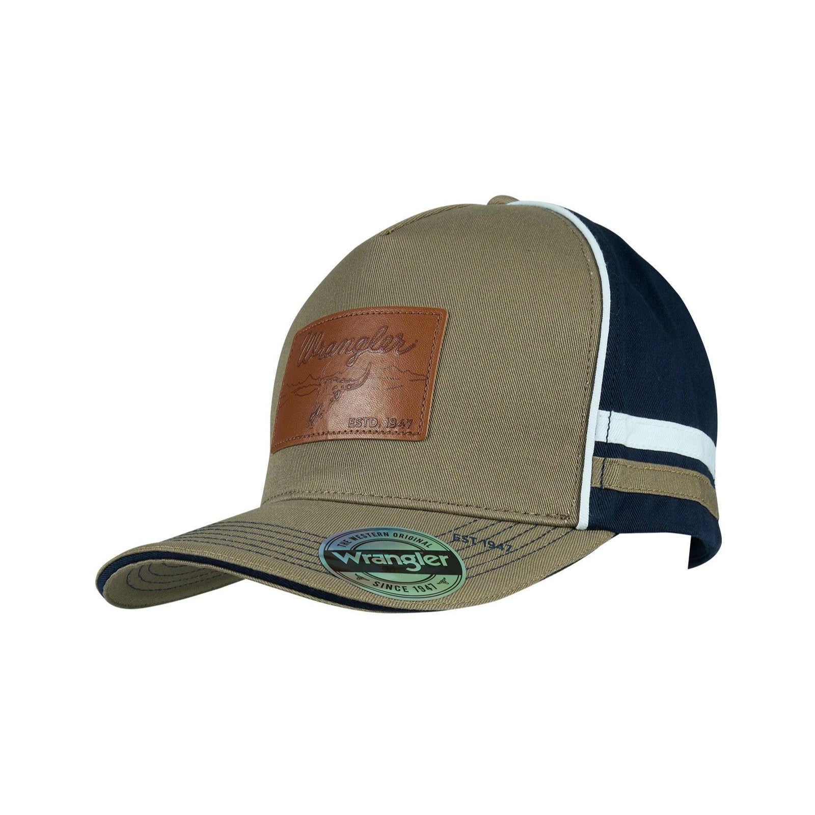 Wrangler Men's Damon High Profile Cap. Beige cap with brown leather patch and white logo on a white background