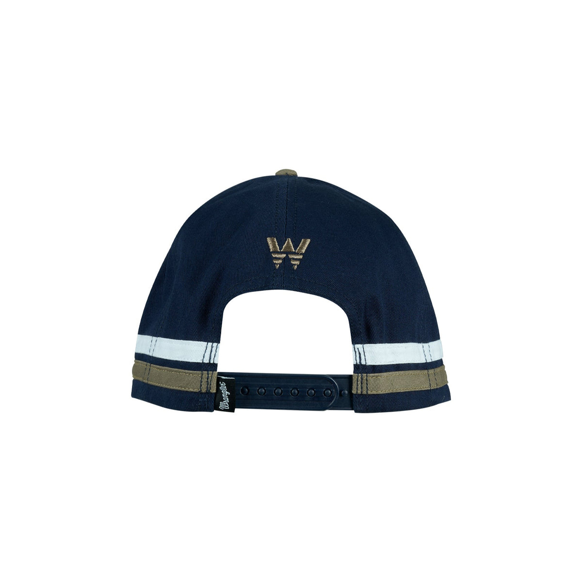 Wrangler Men's Damon High Profile Cap. Navy blue cap with white and beige accents on a white background