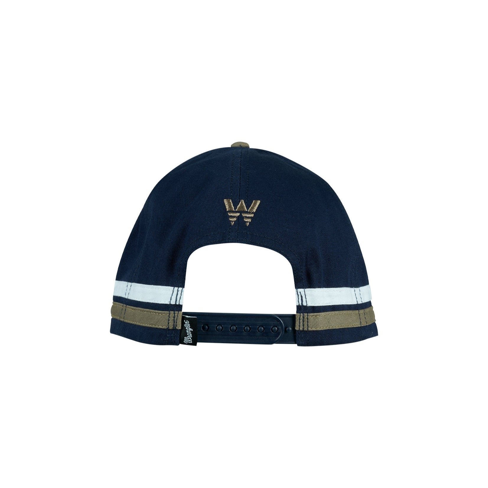 Wrangler Men's Damon High Profile Cap. Beige cap with brown leather patch and white logo on a white background
