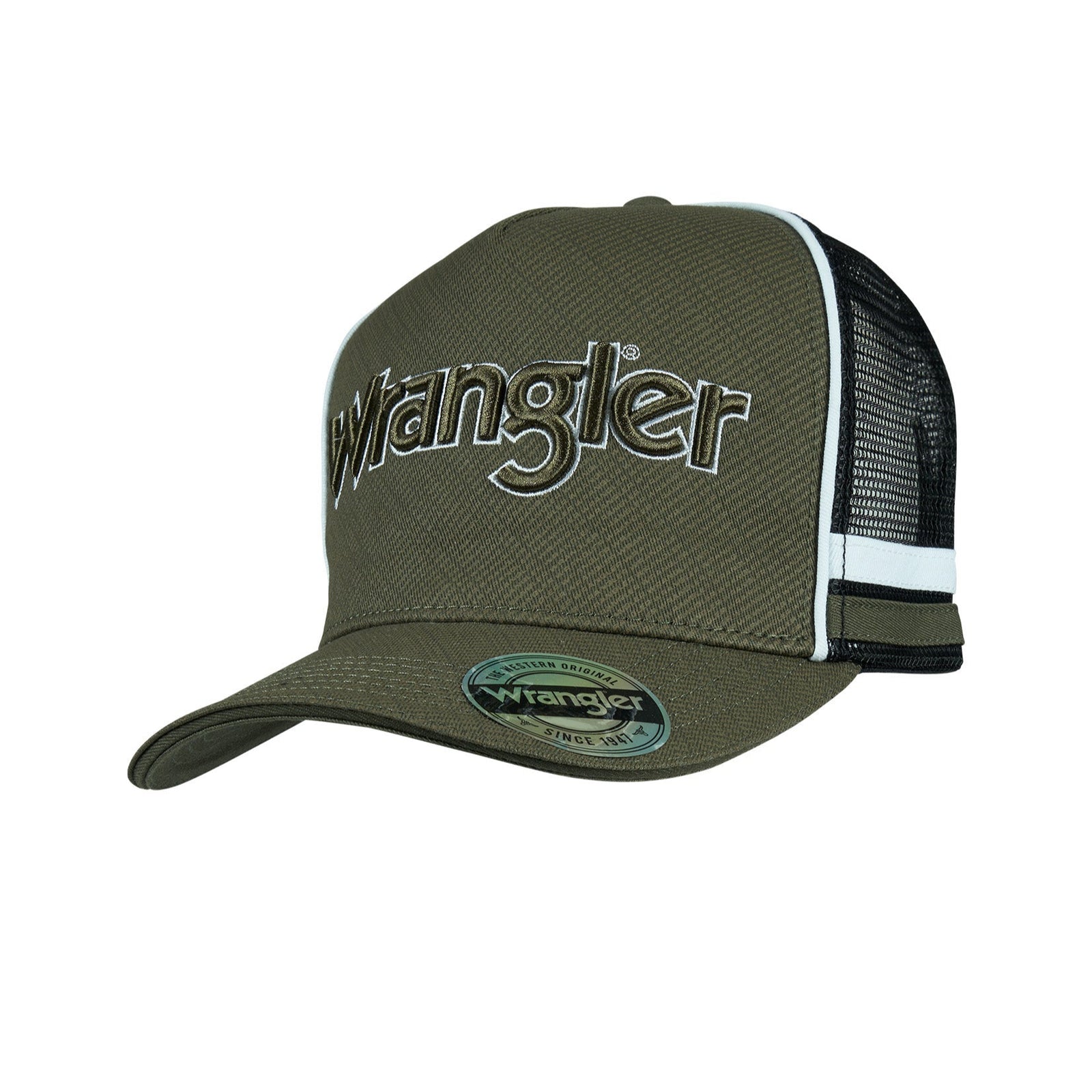 Wrangler Men's Logo High Profile Trucker Cap. Green cap with 'Wrangler' logo on a white background