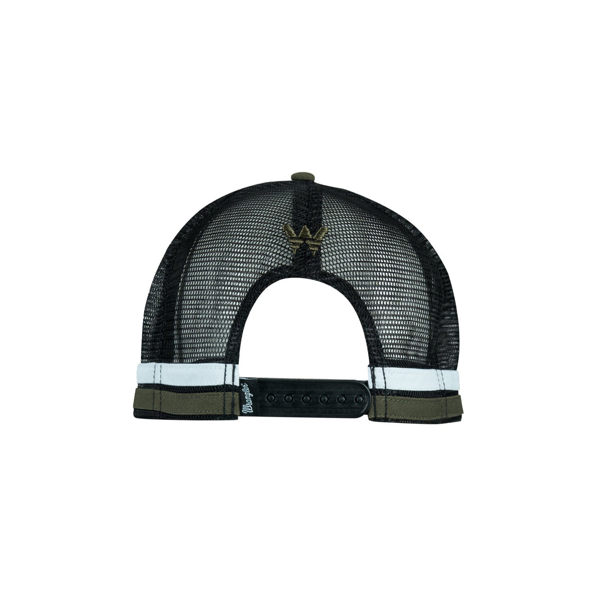 Wrangler Men's Logo High Profile Trucker Cap. Black mesh cap with a logo on a white background