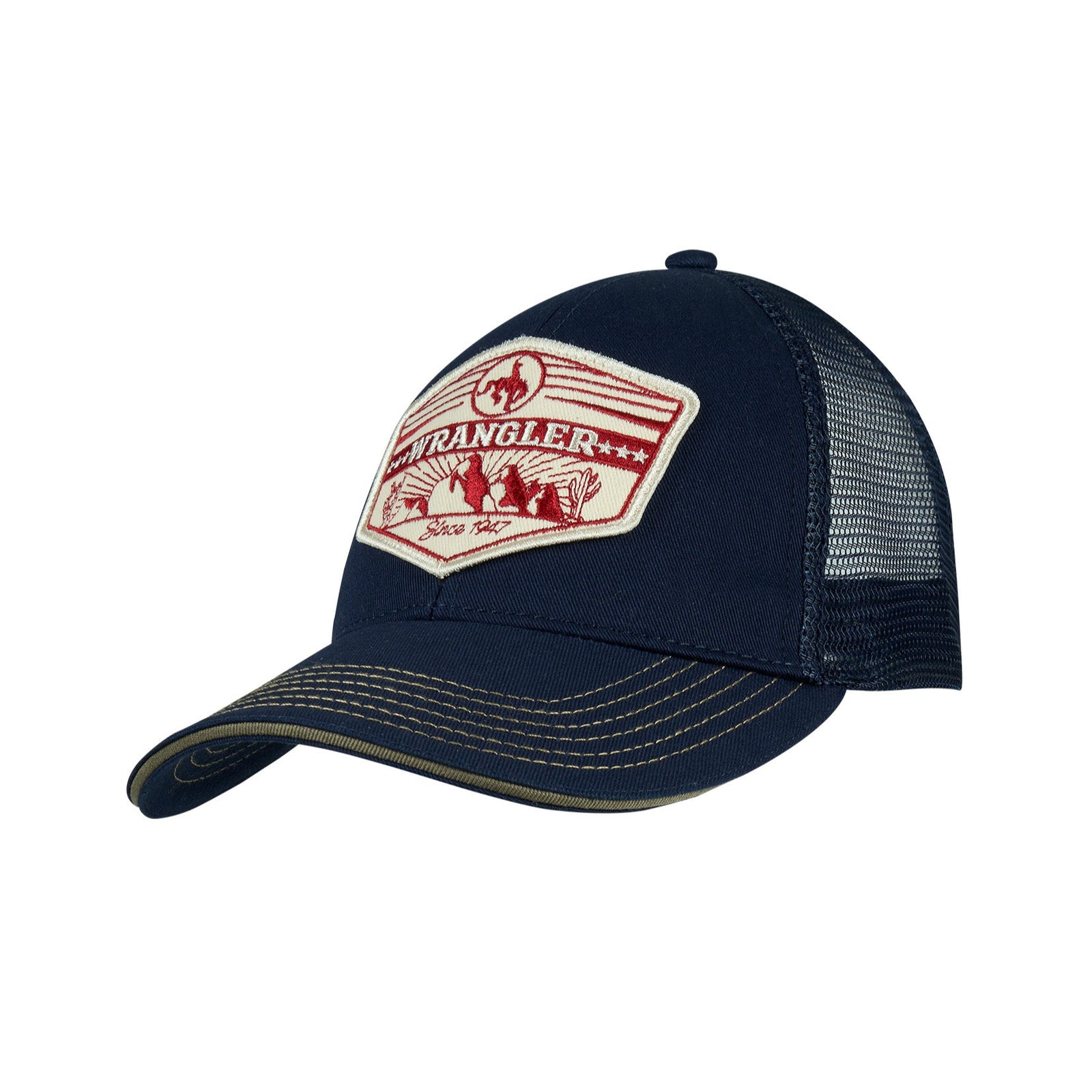 Wrangler Men's Trevor 6 Panel Trucker Cap. Navy blue trucker hat with a red and white logo on a white background