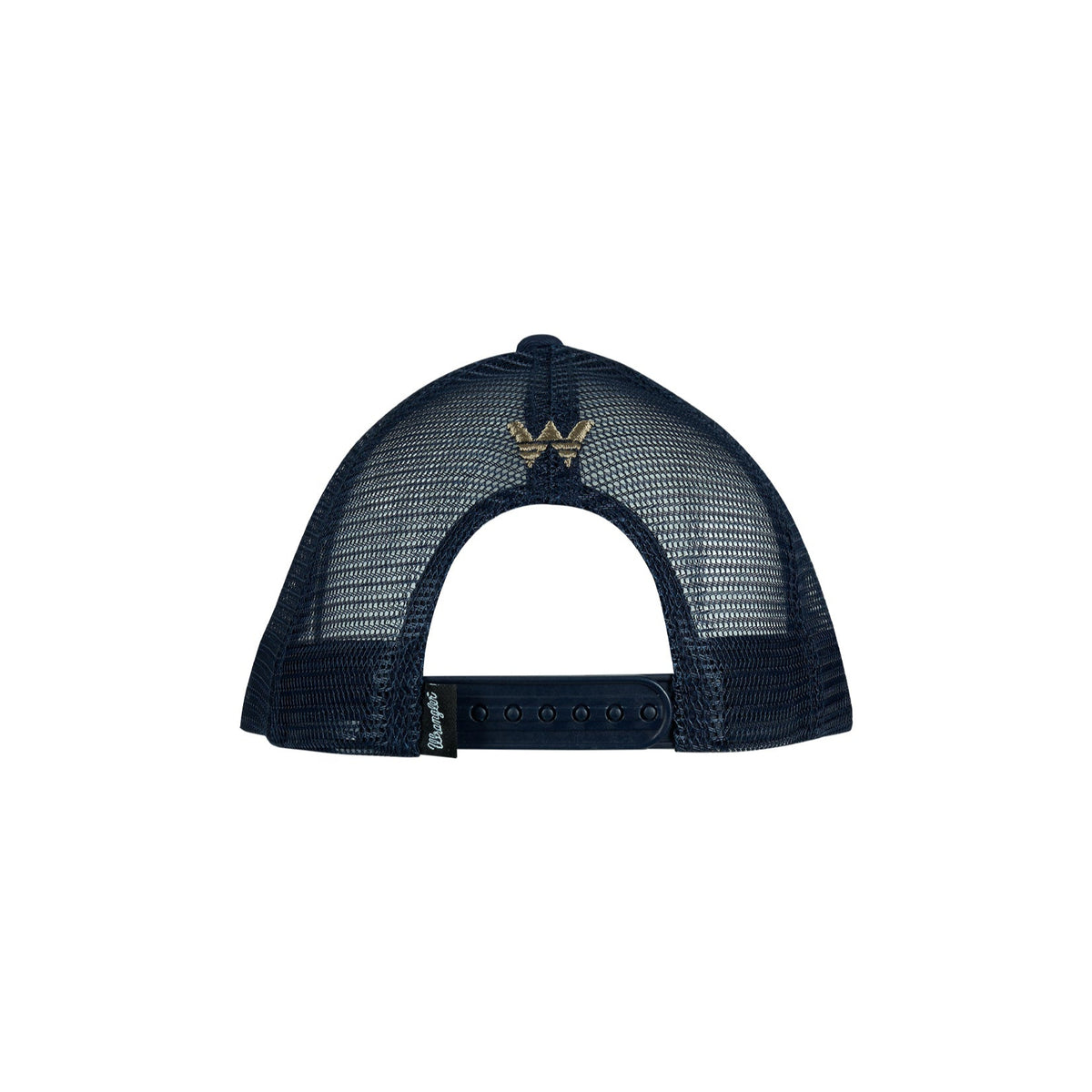 Wrangler Men's Trevor 6 Panel Trucker Cap. Black mesh cap with a logo on a white background