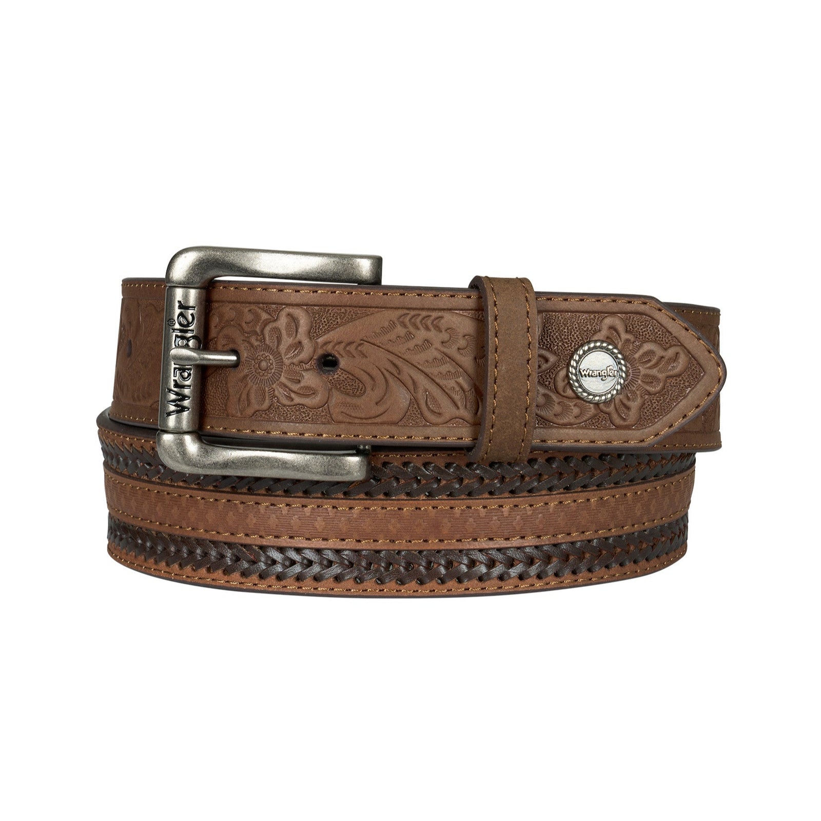 Wrangler Men's Knox Western BeltBrown leather belt with intricate design and silver buckle on a white background 