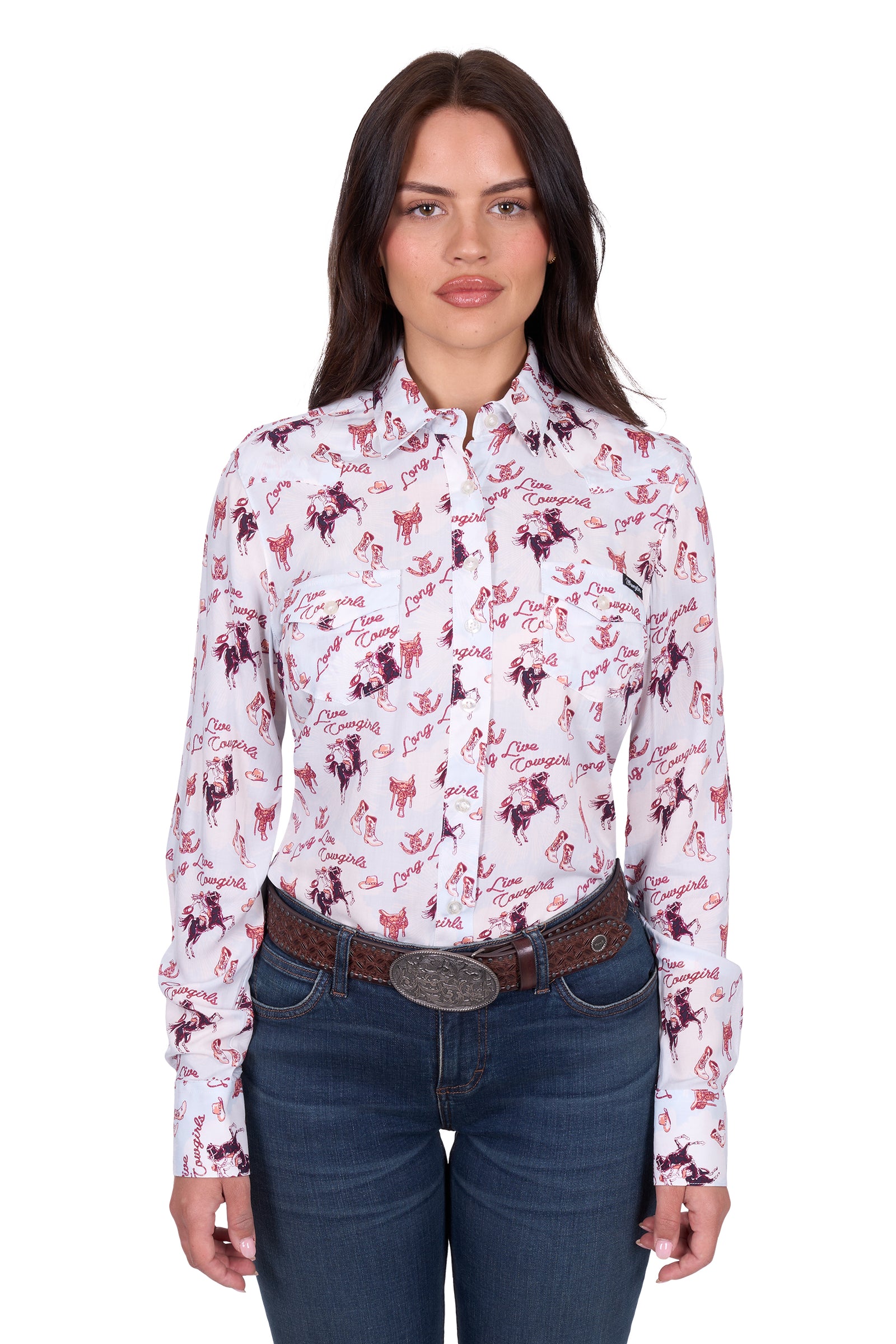 Wrangler Women's Doreen L/S Western Shirt. Woman wearing a white blouse with horse print and blue jeans on a white background