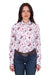 Wrangler Women's Doreen L/S Western Shirt. Woman wearing a white blouse with horse print and blue jeans on a white background
