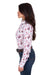 Wrangler Women's Doreen L/S Western Shirt. Woman wearing a white blouse with horse print and blue jeans on a white background