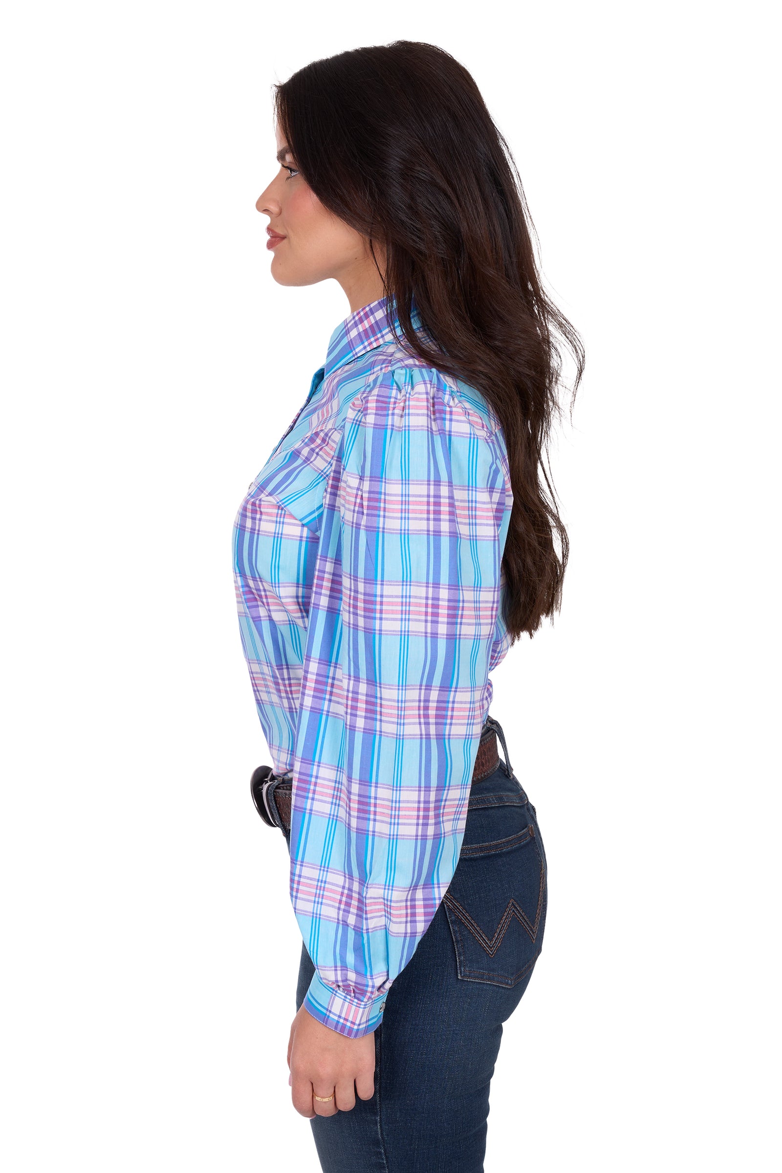 Wrangler Women's Emily Check L/S Western Shirt. Woman wearing a blue and pink plaid shirt on a white background