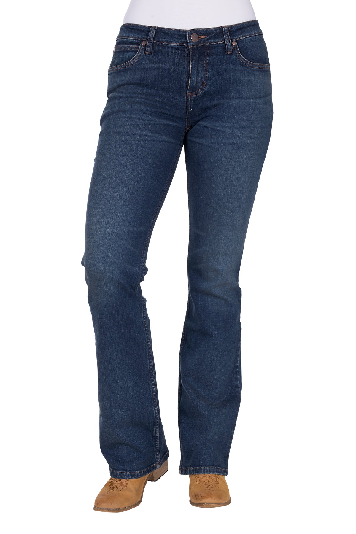 Wrangler Women's Mae Jane Jean. Blue jeans worn by a person on a white background